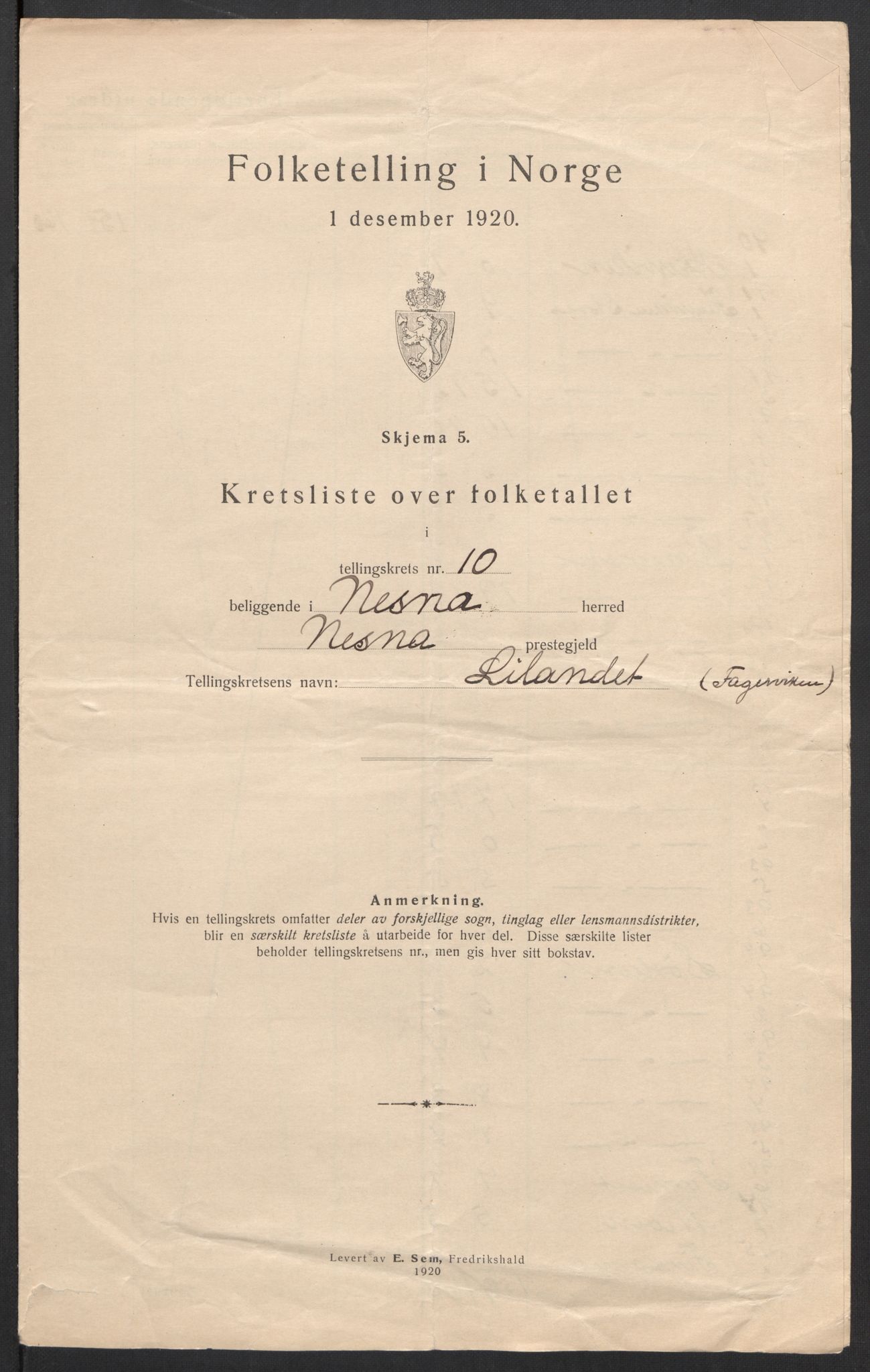 SAT, 1920 census for Nesna, 1920, p. 28