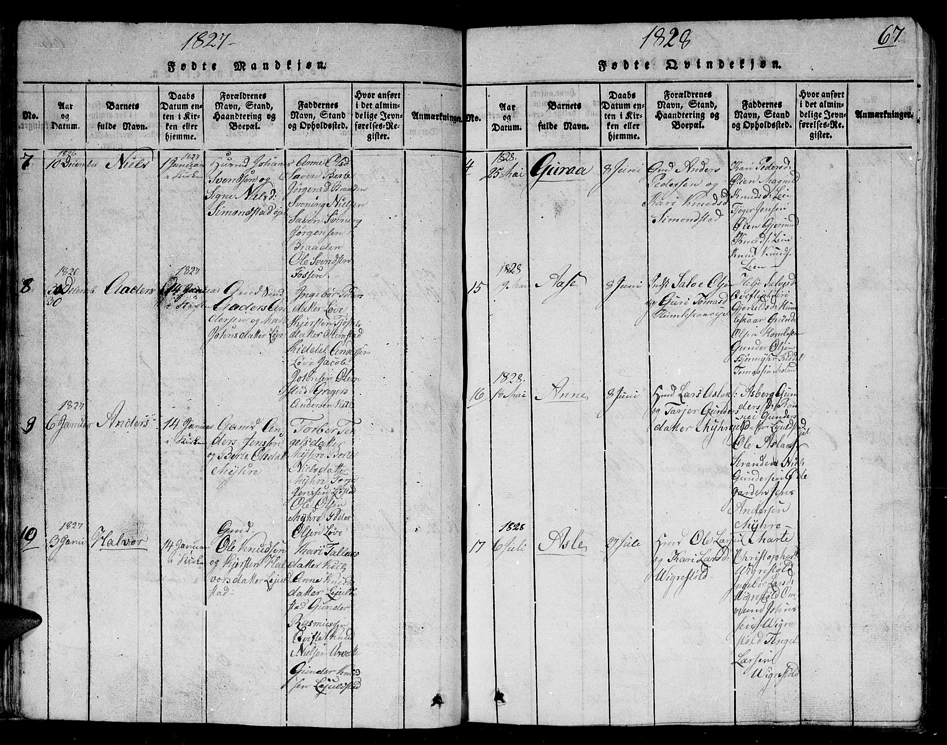 Gjerstad sokneprestkontor, AV/SAK-1111-0014/F/Fb/Fbb/L0001: Parish register (copy) no. B 1, 1813-1863, p. 67