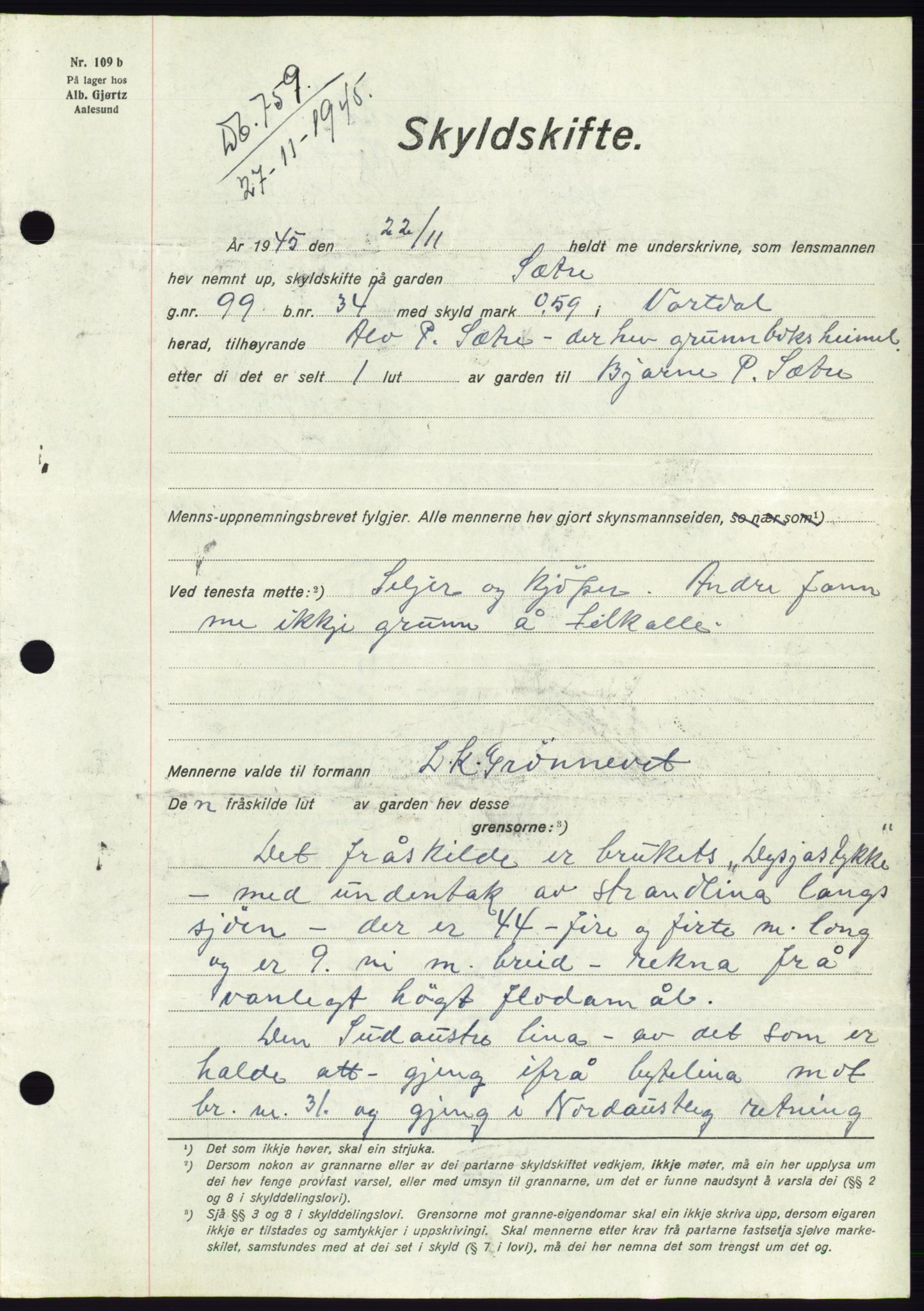 Søre Sunnmøre sorenskriveri, AV/SAT-A-4122/1/2/2C/L0077: Mortgage book no. 3A, 1945-1946, Diary no: : 759/1945