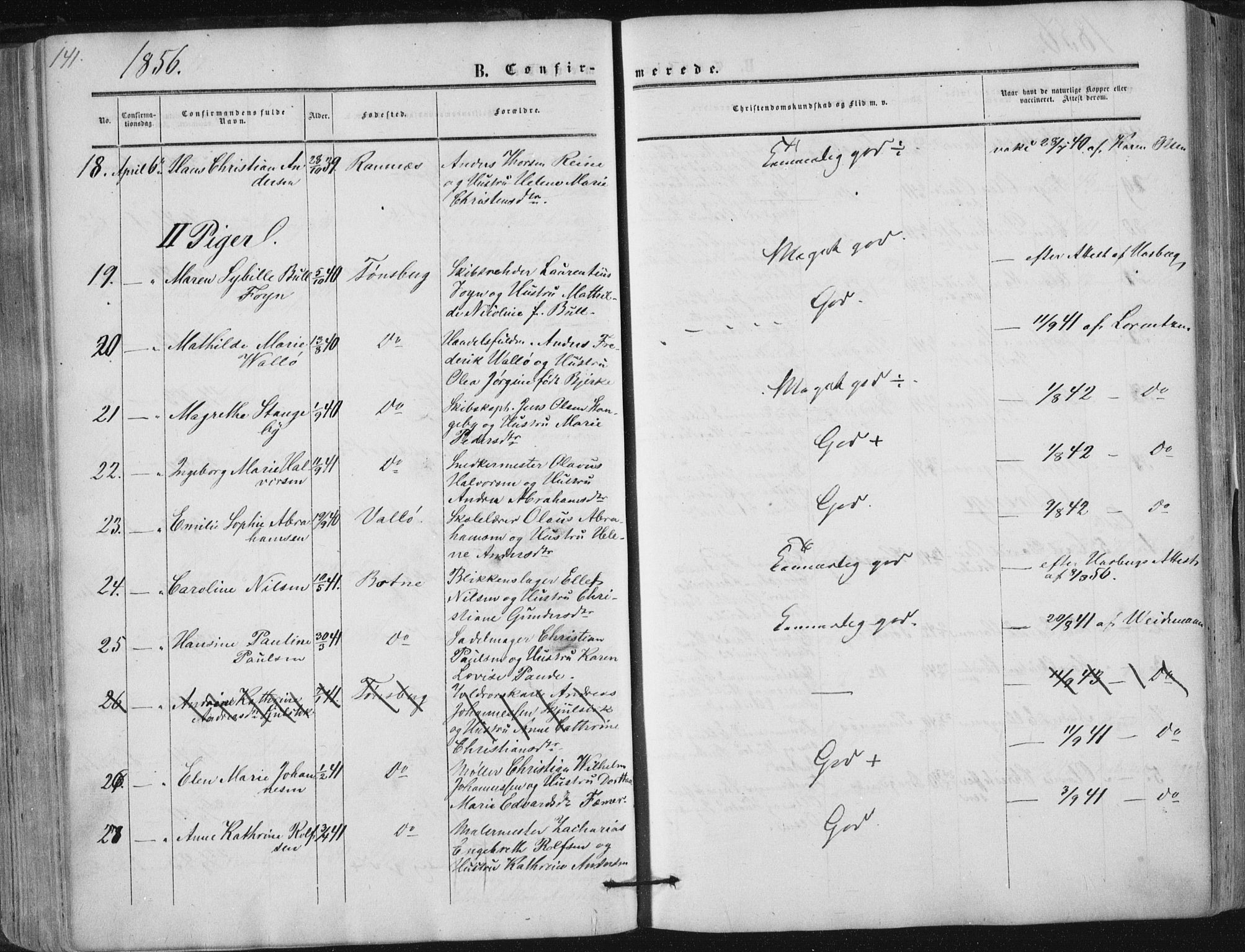 Tønsberg kirkebøker, AV/SAKO-A-330/F/Fa/L0008: Parish register (official) no. I 8, 1855-1864, p. 141