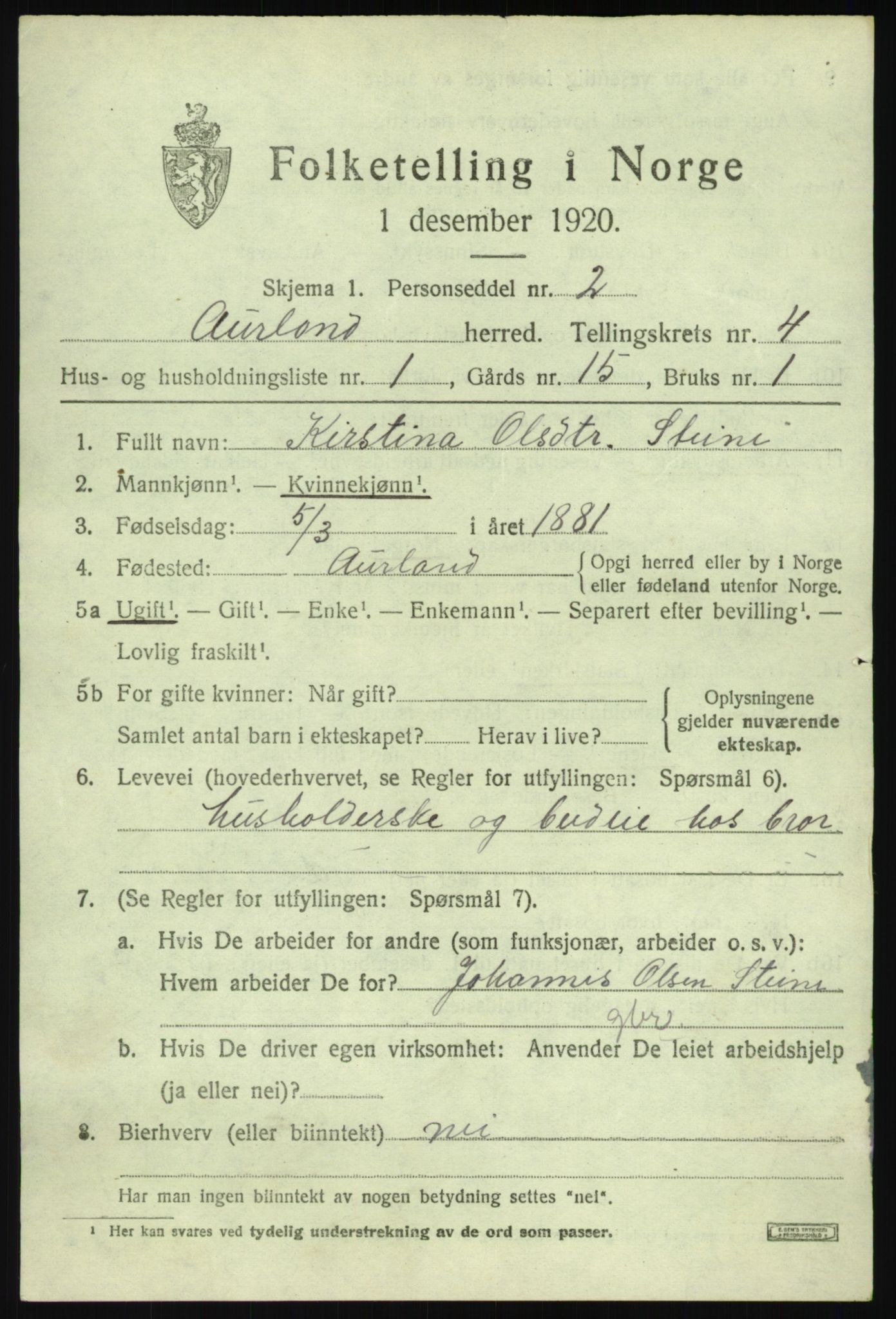 SAB, 1920 census for Aurland, 1920, p. 2632