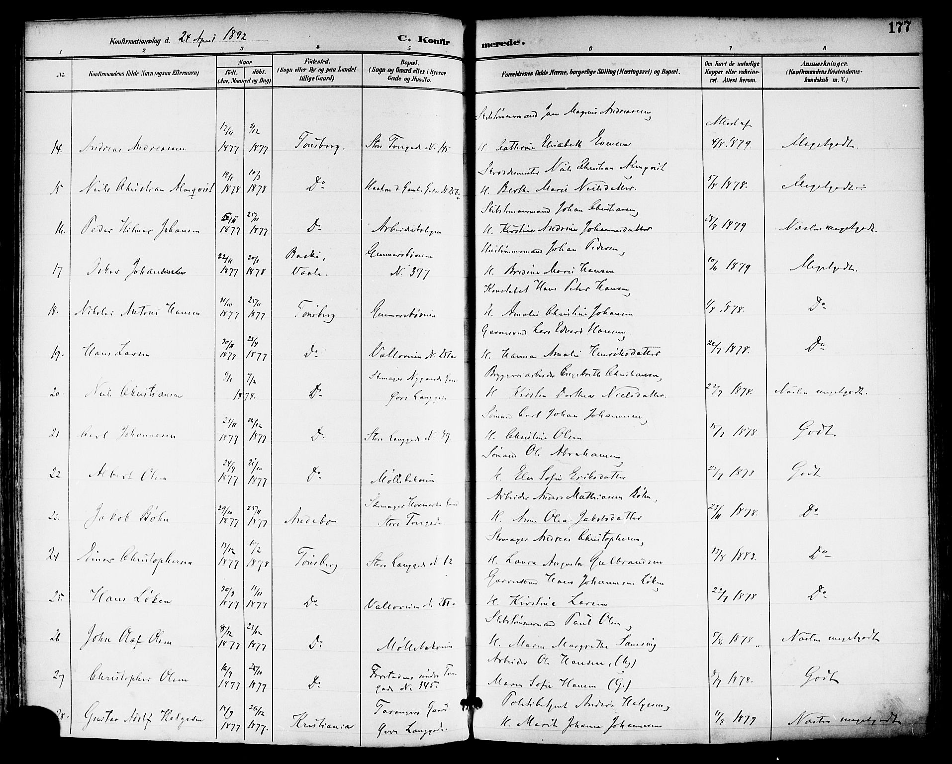 Tønsberg kirkebøker, SAKO/A-330/F/Fa/L0012: Parish register (official) no. I 12, 1891-1899, p. 177