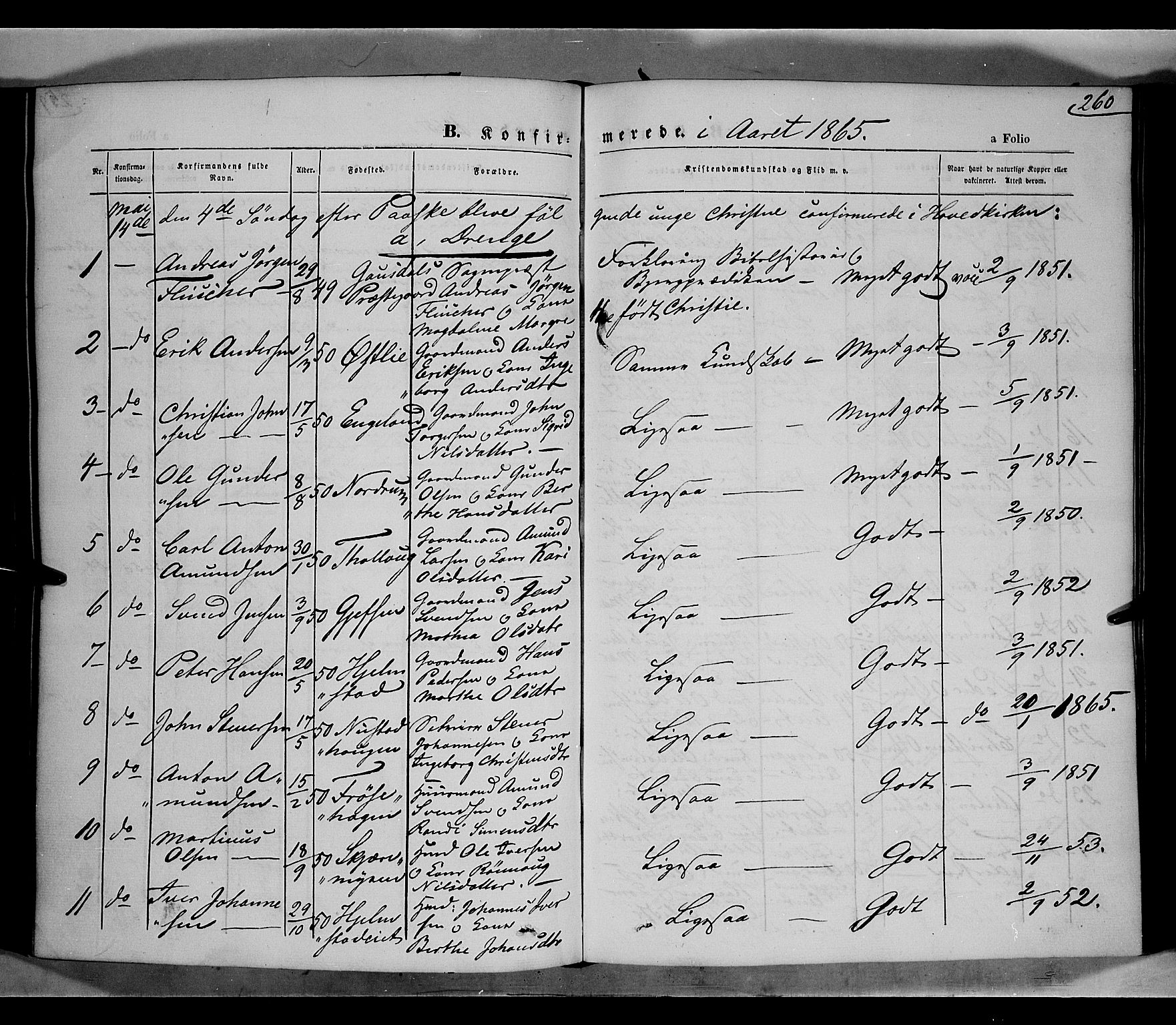 Gausdal prestekontor, SAH/PREST-090/H/Ha/Haa/L0009: Parish register (official) no. 9, 1862-1873, p. 260