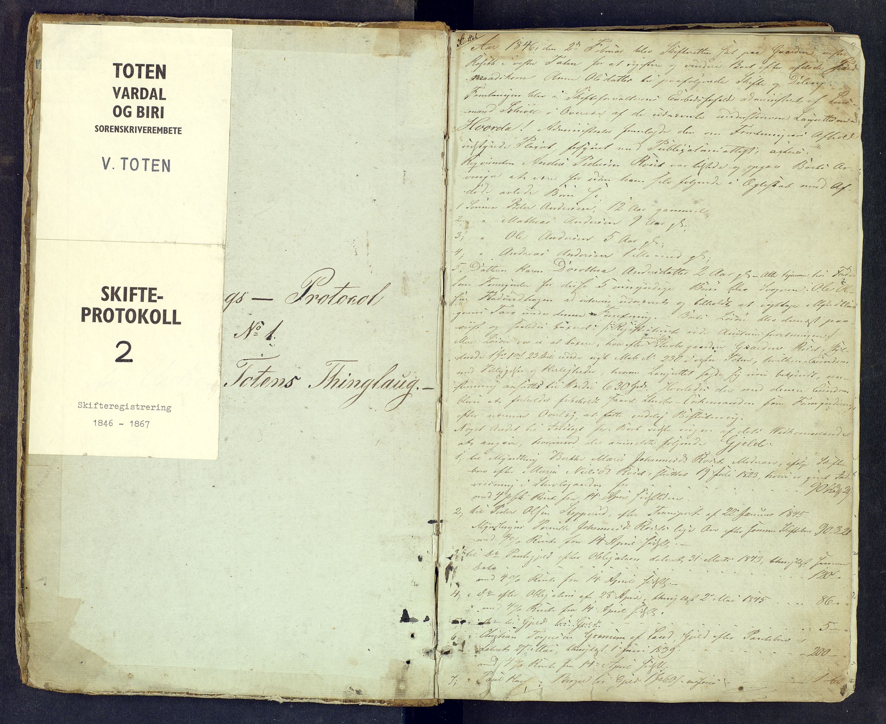 Toten tingrett, SAH/TING-006/J/Jf/L0002: Skifteregistreringsprotokoll - Vestre Toten, 1846-1867, p. 0b-1a