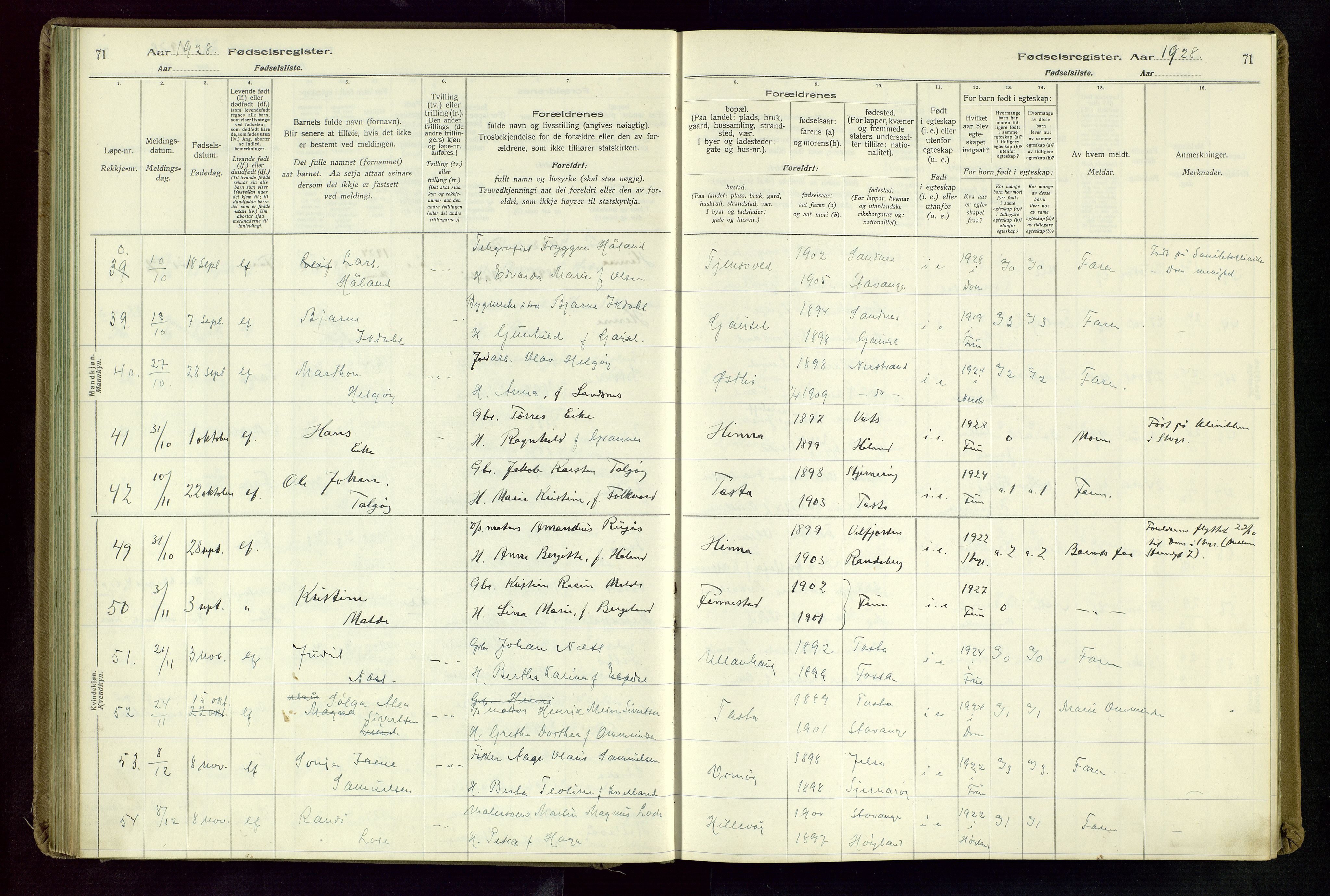 Hetland sokneprestkontor, AV/SAST-A-101826/70/704BA/L0004: Birth register no. 4, 1923-1937, p. 71