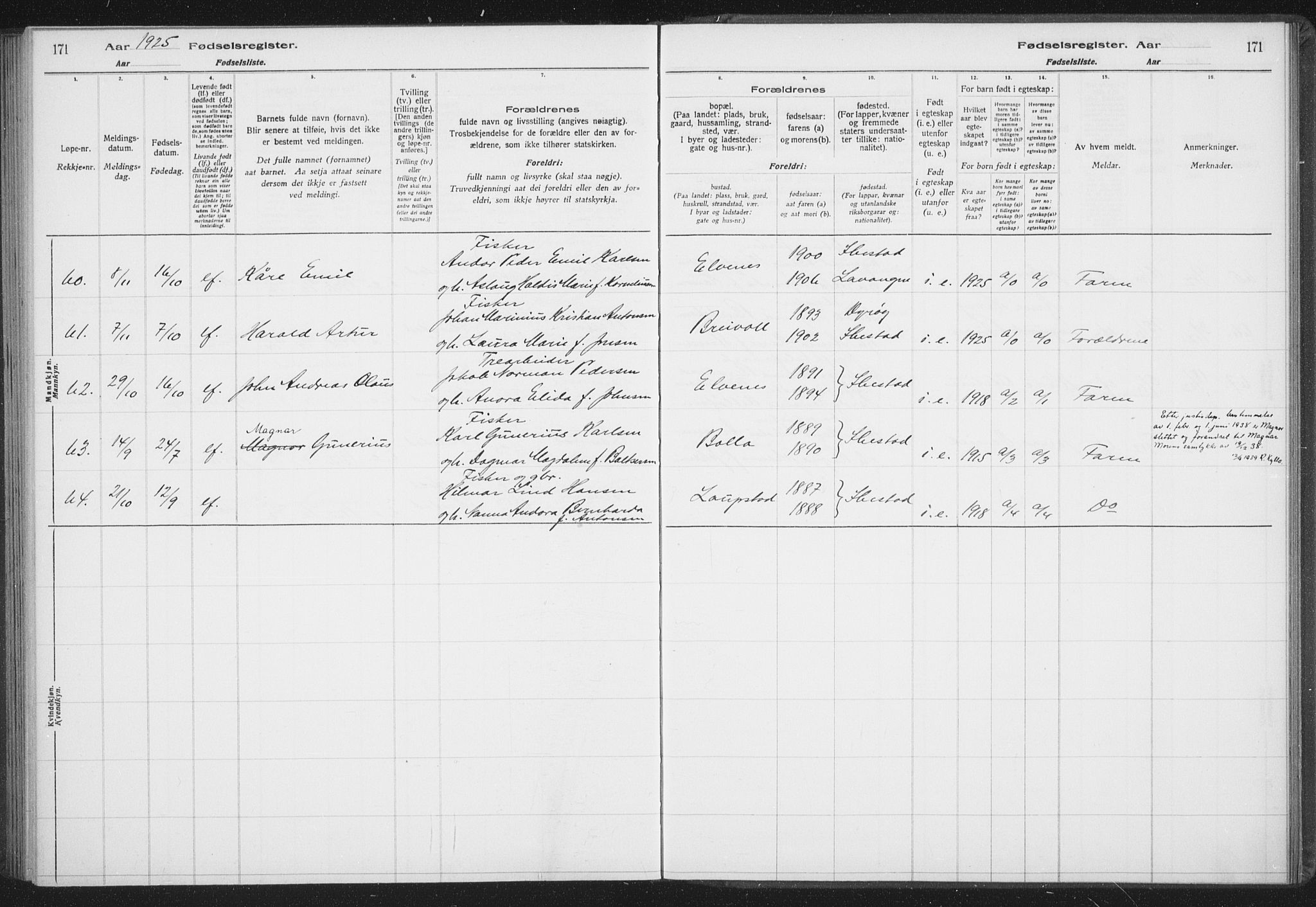 Ibestad sokneprestembete, AV/SATØ-S-0077/I/Ic/L0061: Birth register no. 61, 1917-1929, p. 171