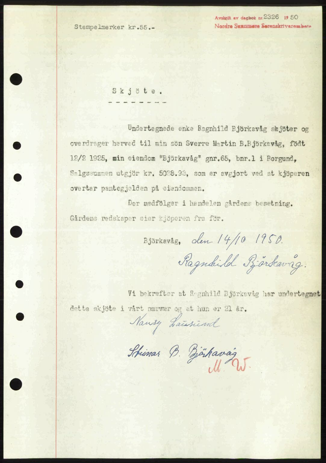 Nordre Sunnmøre sorenskriveri, AV/SAT-A-0006/1/2/2C/2Ca: Mortgage book no. A36, 1950-1950, Diary no: : 2326/1950