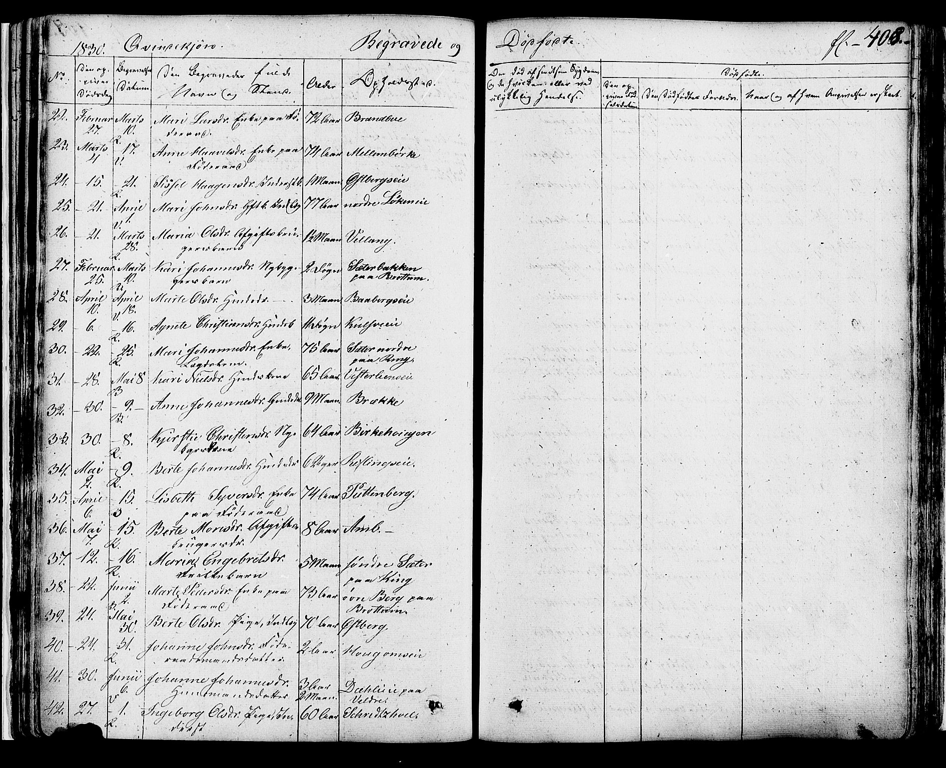 Ringsaker prestekontor, SAH/PREST-014/K/Ka/L0007: Parish register (official) no. 7B, 1826-1837, p. 408