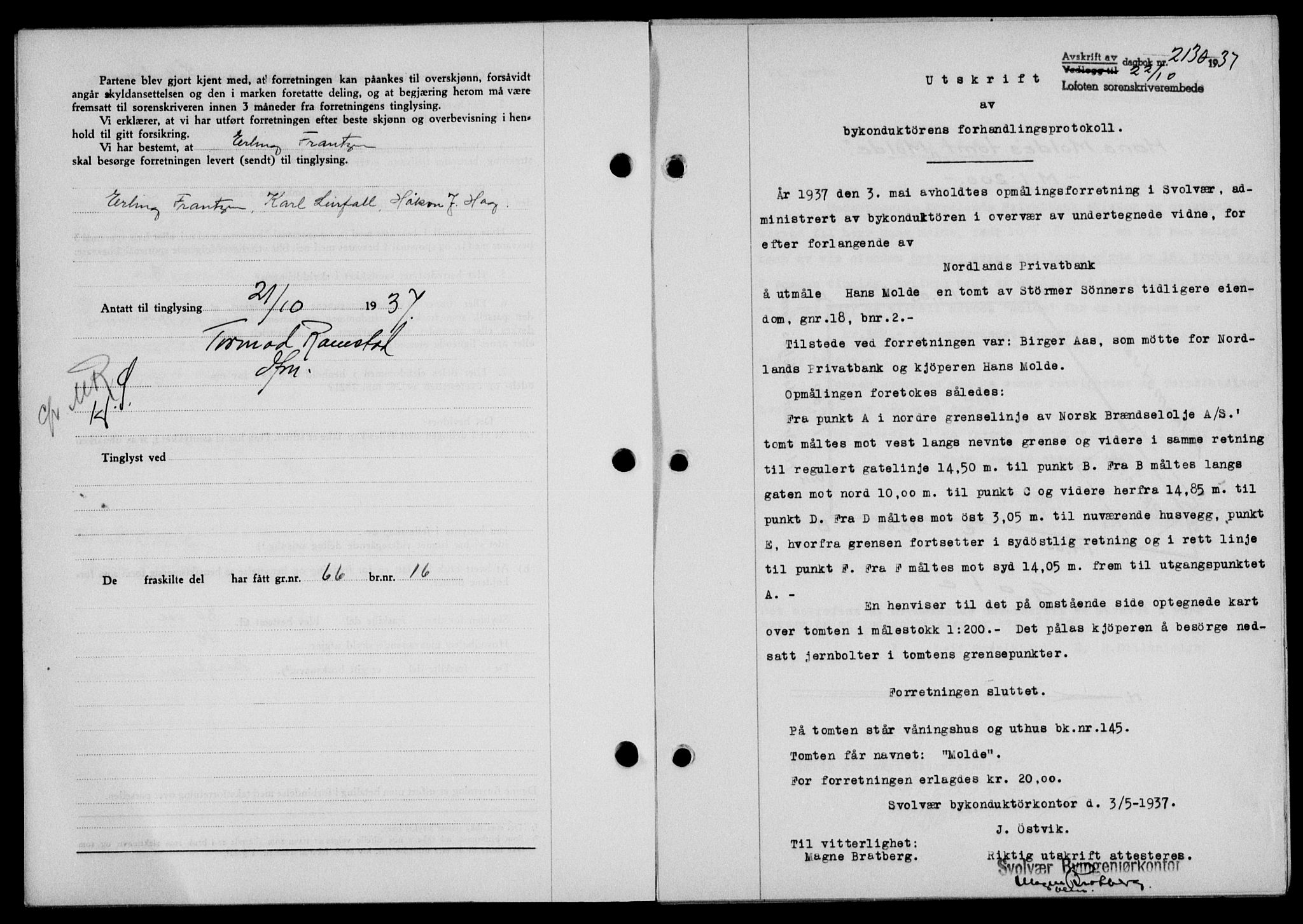 Lofoten sorenskriveri, SAT/A-0017/1/2/2C/L0003a: Mortgage book no. 3a, 1937-1938, Diary no: : 2130/1937