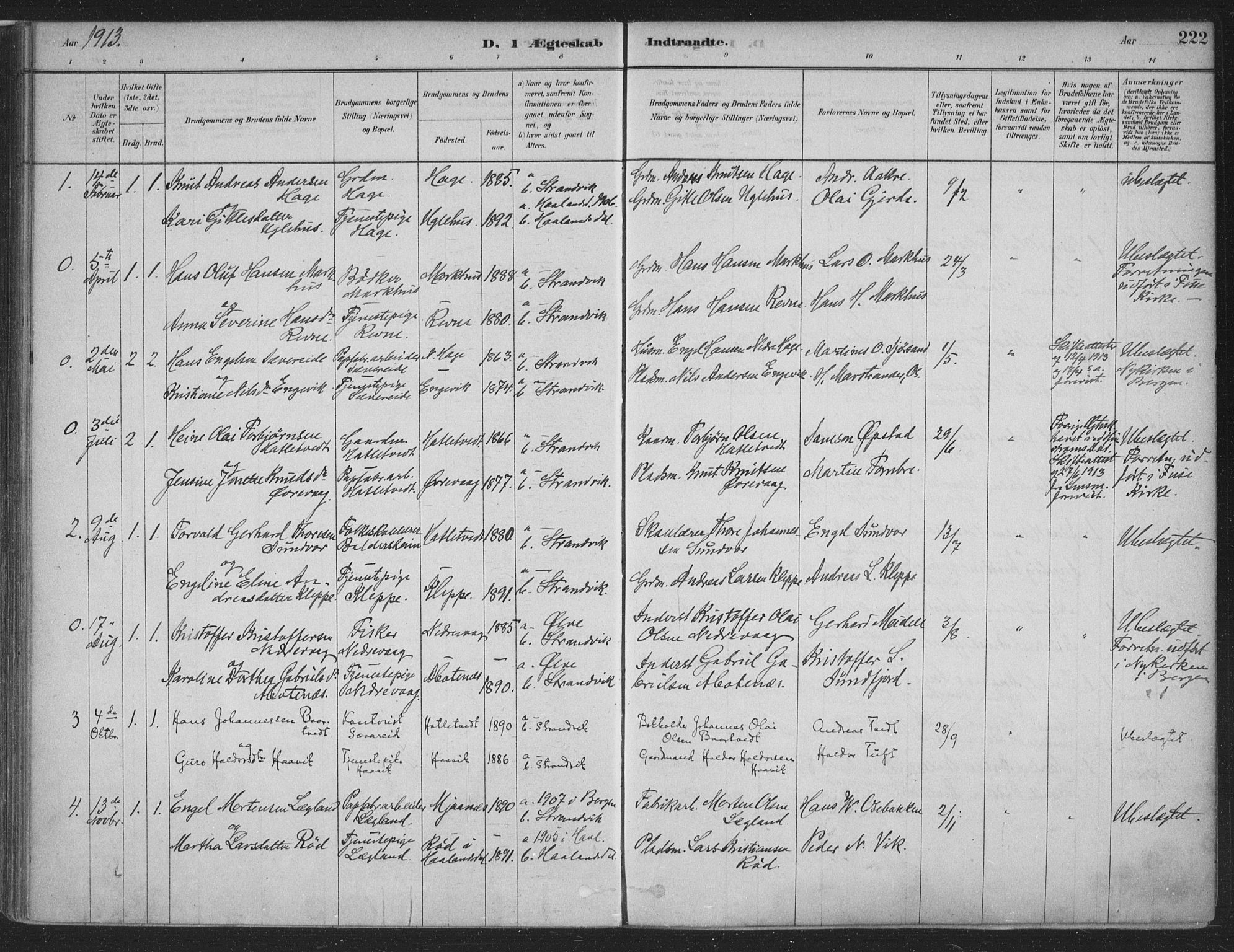 Fusa sokneprestembete, SAB/A-75401/H/Haa: Parish register (official) no. D 1, 1880-1938, p. 222