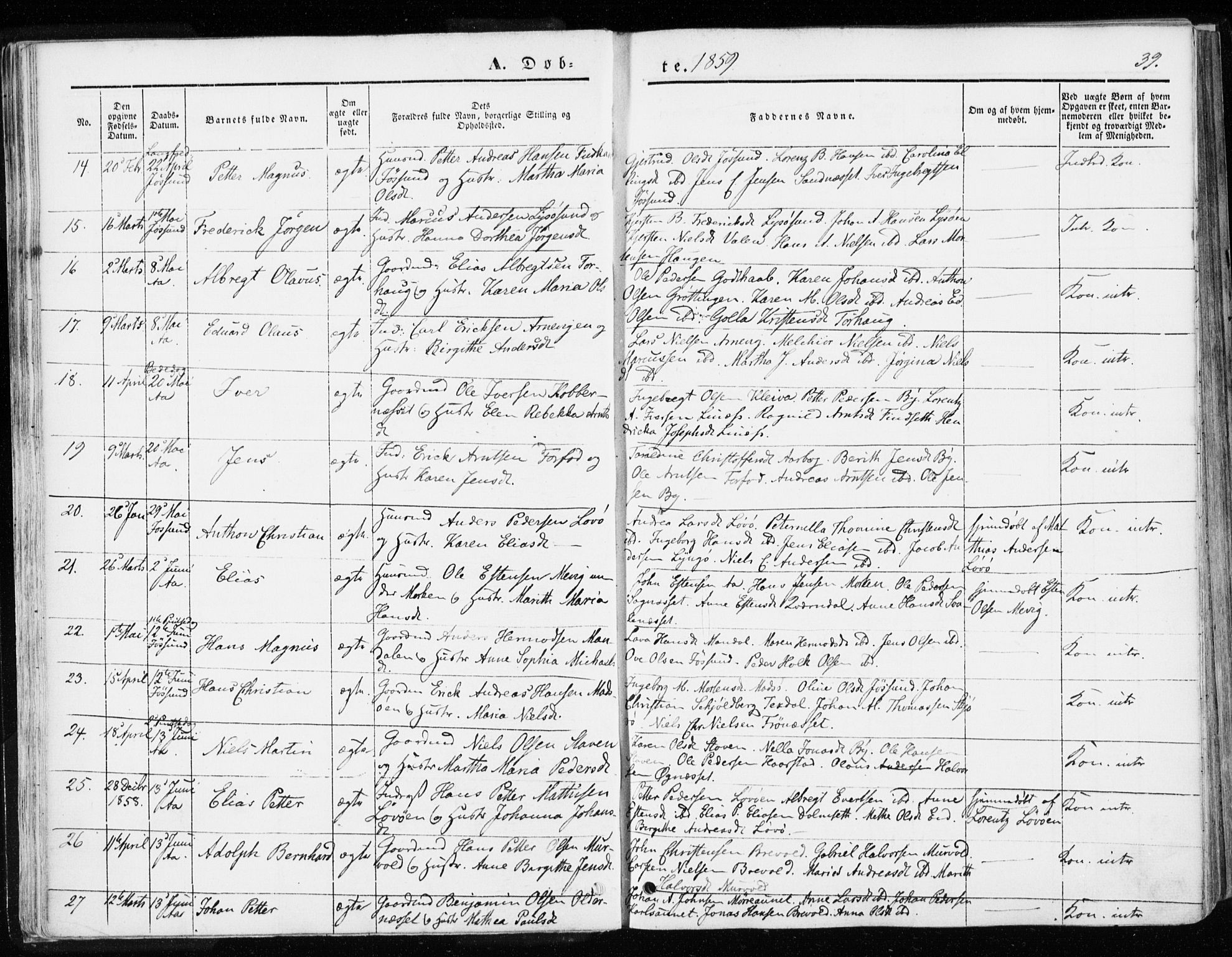 Ministerialprotokoller, klokkerbøker og fødselsregistre - Sør-Trøndelag, SAT/A-1456/655/L0677: Parish register (official) no. 655A06, 1847-1860, p. 39
