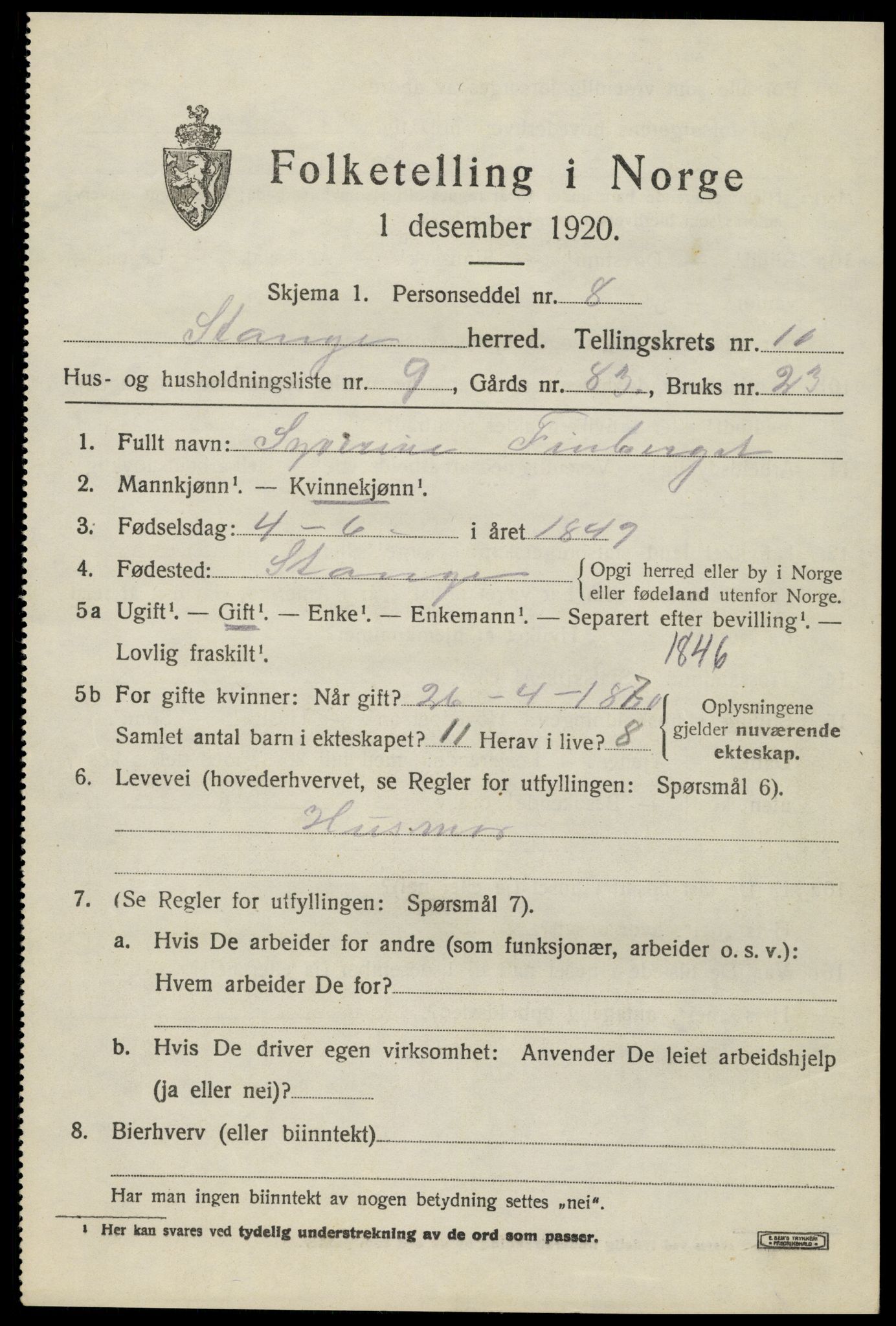 SAH, 1920 census for Stange, 1920, p. 15969