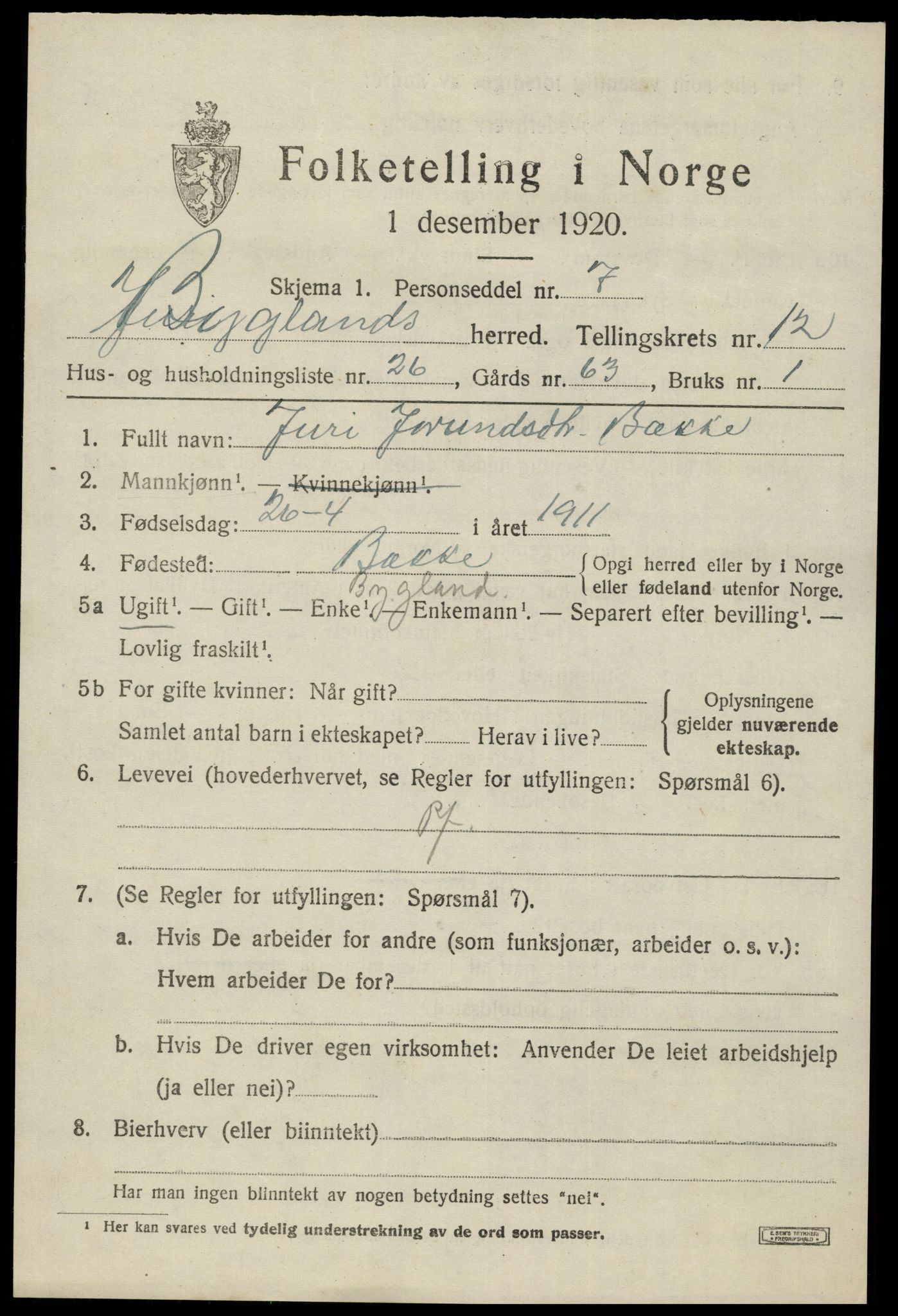 SAK, 1920 census for Bygland, 1920, p. 5249