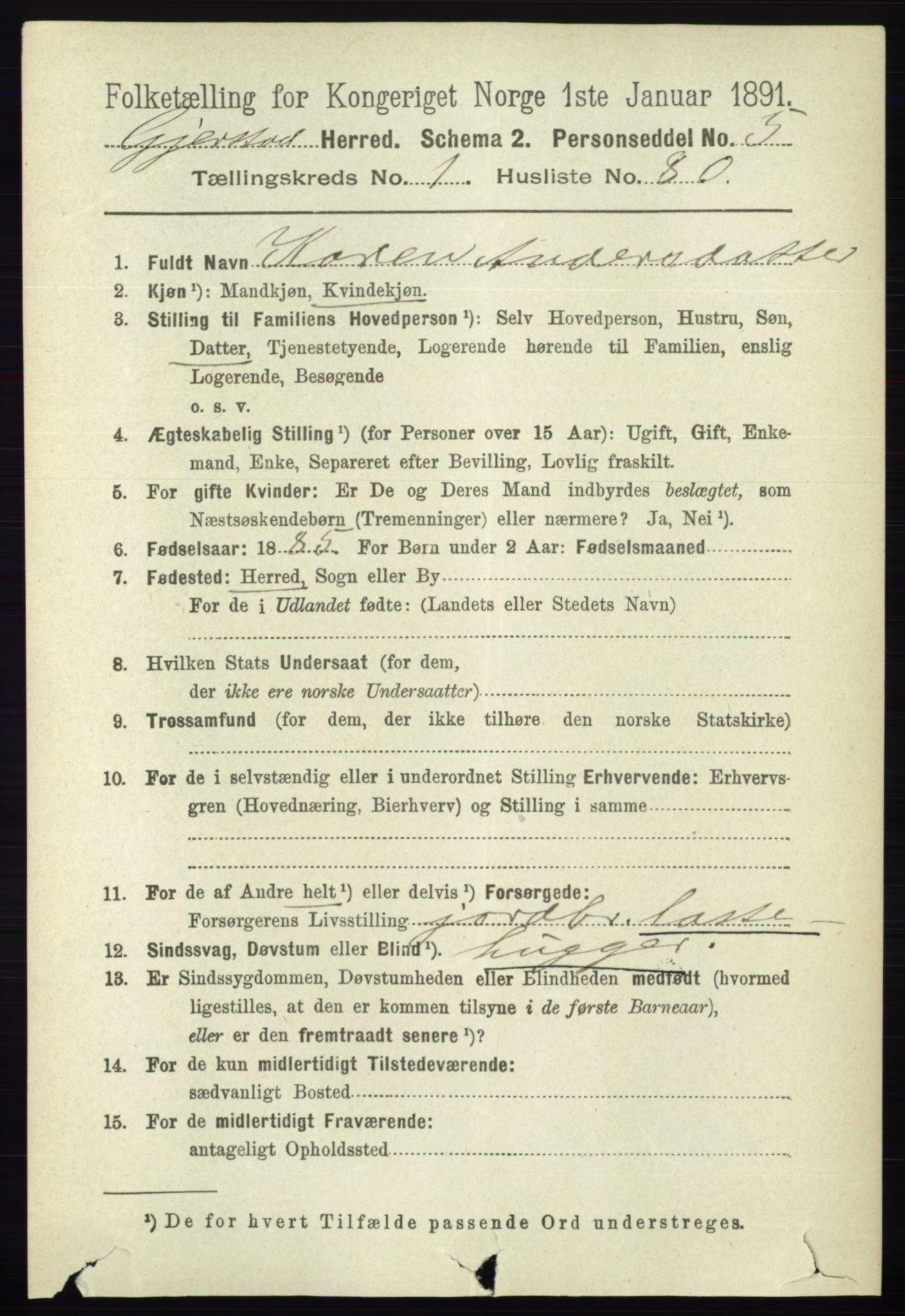 RA, 1891 census for 0911 Gjerstad, 1891, p. 590