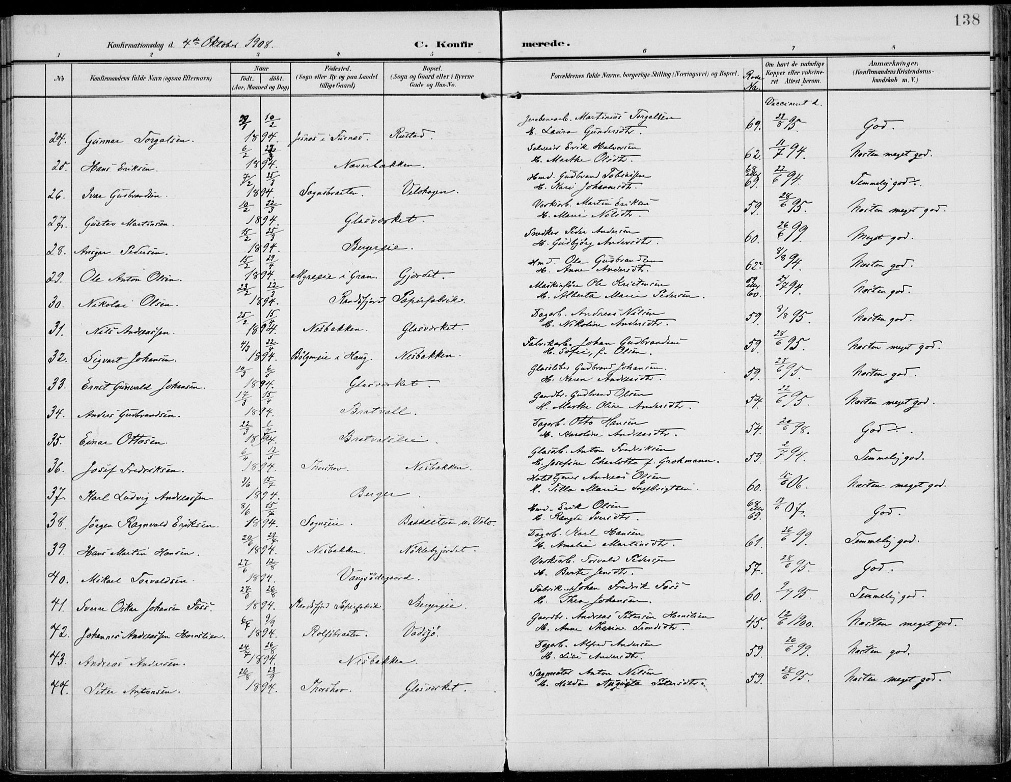 Jevnaker prestekontor, AV/SAH-PREST-116/H/Ha/Haa/L0011: Parish register (official) no. 11, 1902-1913, p. 138