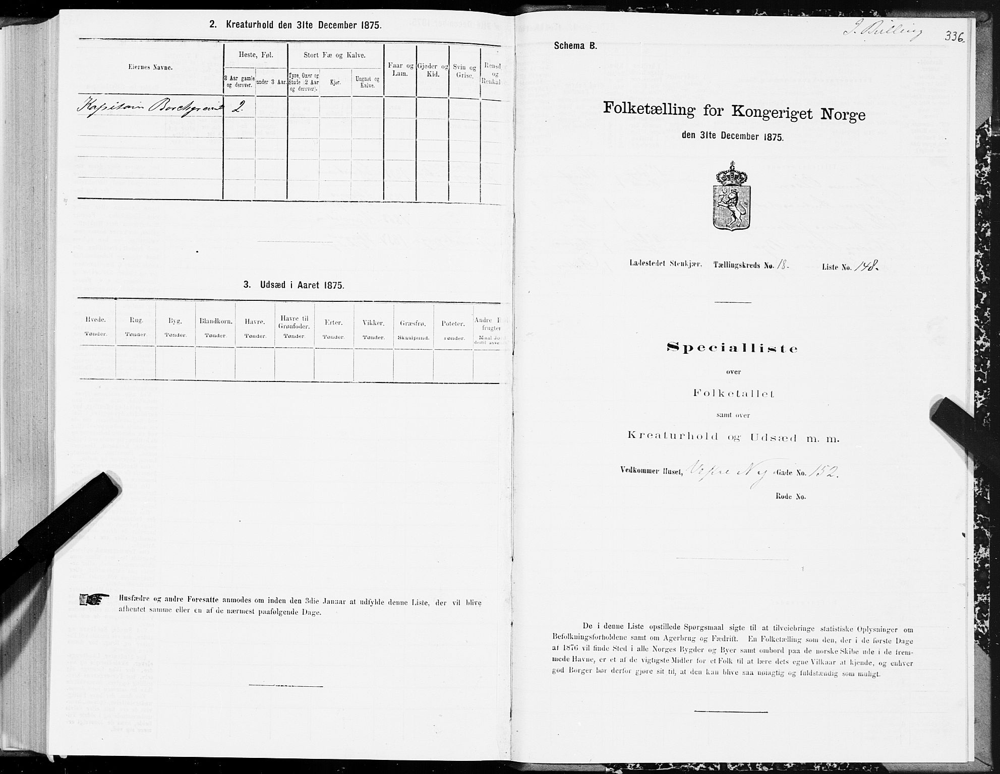 SAT, 1875 census for 1702B Steinkjer/Steinkjer, 1875, p. 336