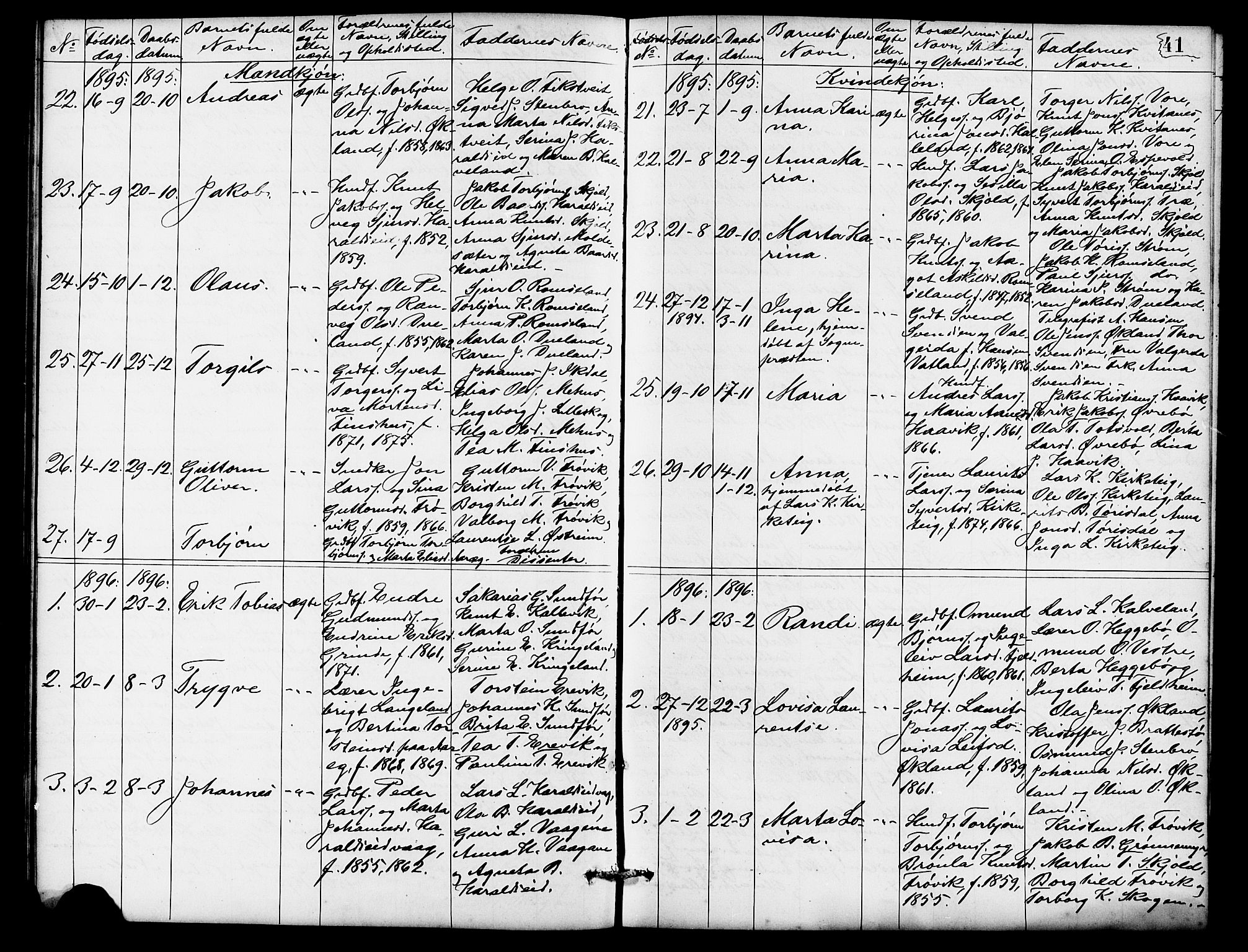 Skjold sokneprestkontor, SAST/A-101847/H/Ha/Hab/L0007: Parish register (copy) no. B 7, 1885-1906, p. 41