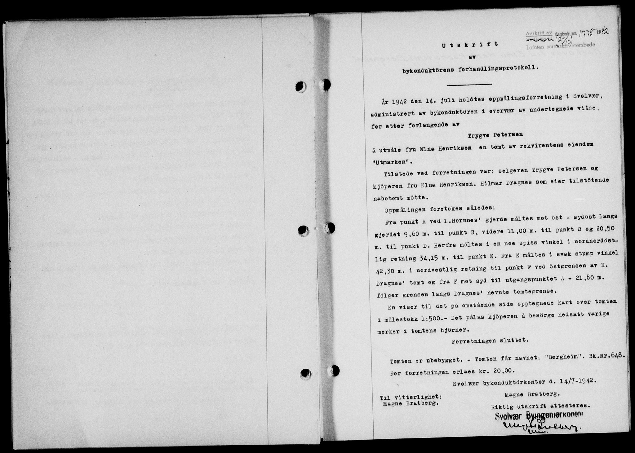 Lofoten sorenskriveri, SAT/A-0017/1/2/2C/L0010a: Mortgage book no. 10a, 1942-1943, Diary no: : 1775/1942