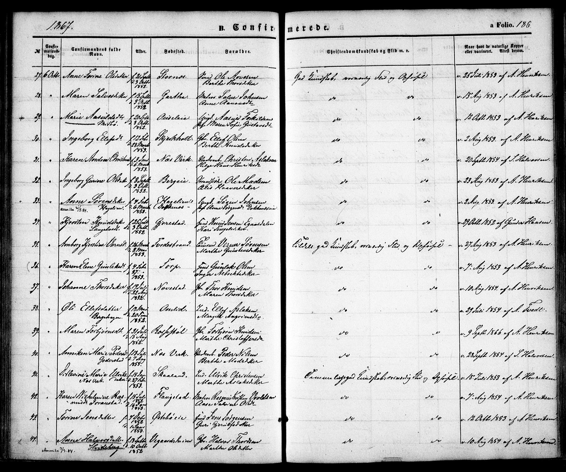 Holt sokneprestkontor, AV/SAK-1111-0021/F/Fa/L0009: Parish register (official) no. A 9, 1861-1871, p. 186