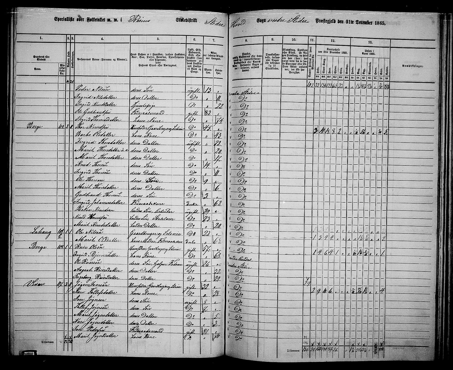 RA, 1865 census for Vestre Slidre, 1865, p. 83