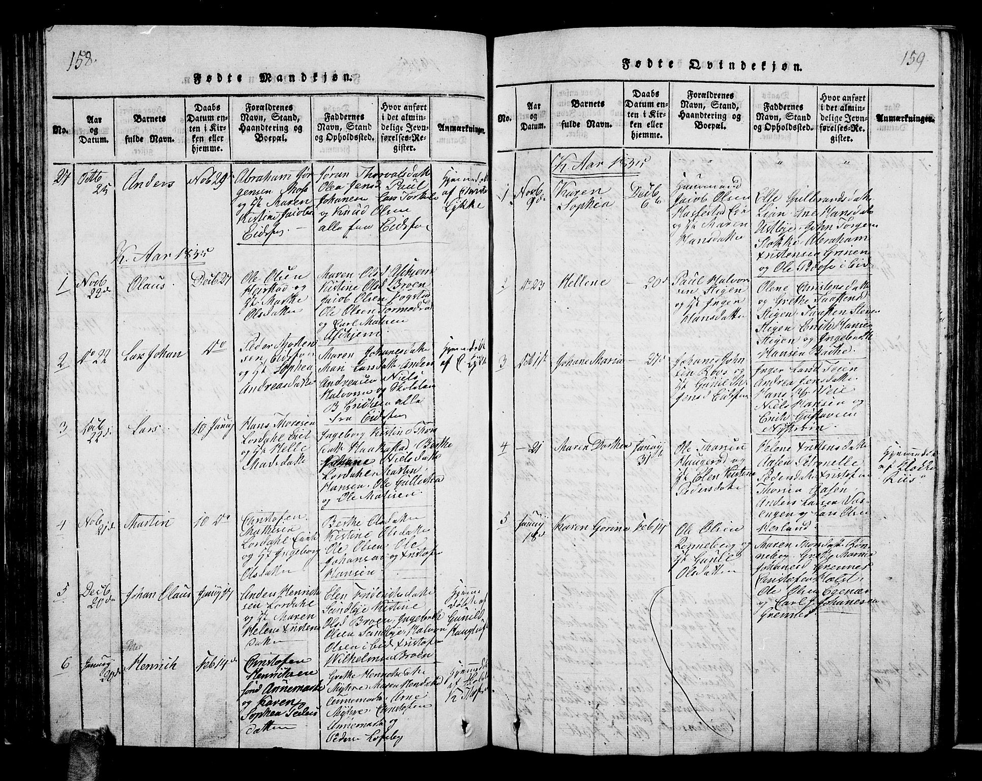 Hof kirkebøker, AV/SAKO-A-64/G/Ga/L0001: Parish register (copy) no. I 1, 1814-1844, p. 158-159