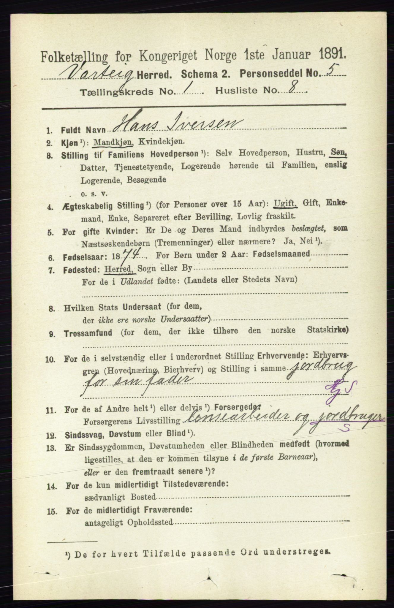 RA, 1891 census for 0114 Varteig, 1891, p. 141