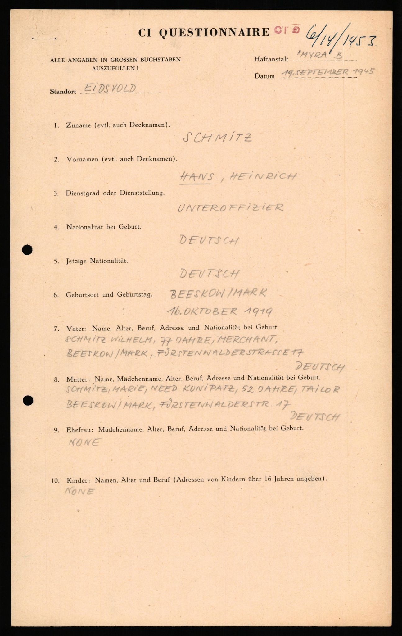 Forsvaret, Forsvarets overkommando II, RA/RAFA-3915/D/Db/L0029: CI Questionaires. Tyske okkupasjonsstyrker i Norge. Tyskere., 1945-1946, p. 461