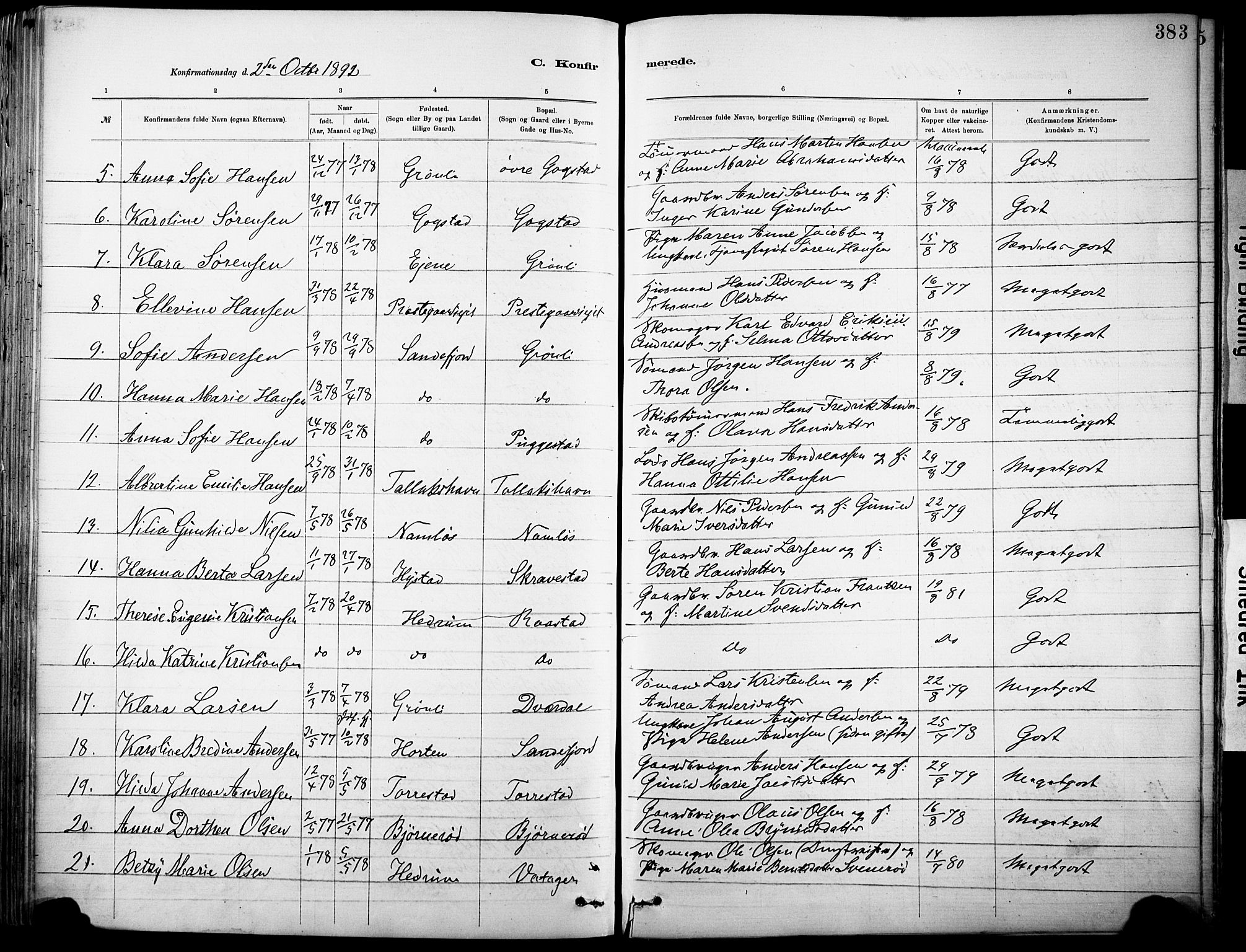 Sandar kirkebøker, AV/SAKO-A-243/F/Fa/L0012: Parish register (official) no. 12, 1883-1895, p. 383