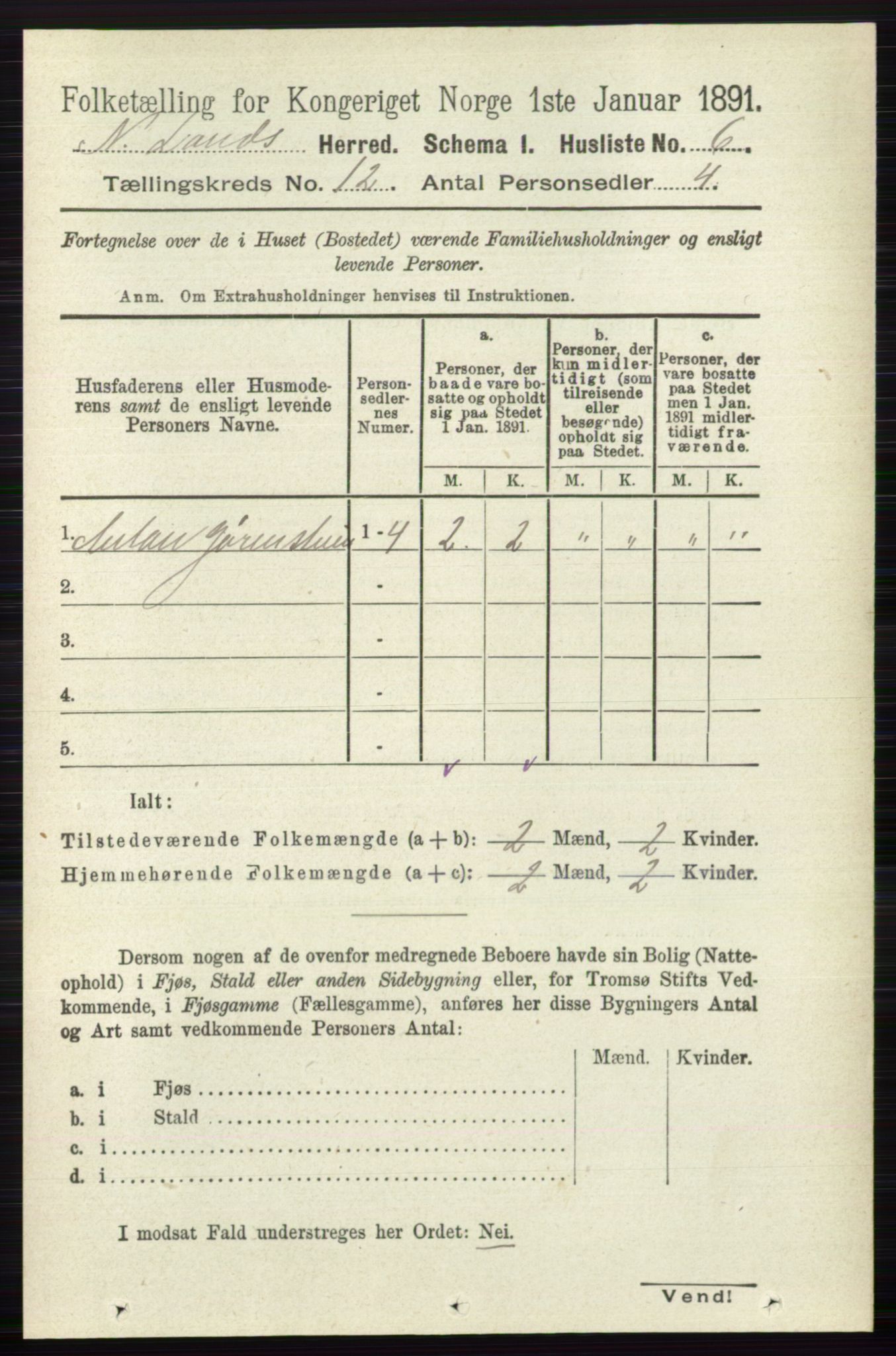 RA, 1891 census for 0538 Nordre Land, 1891, p. 3184