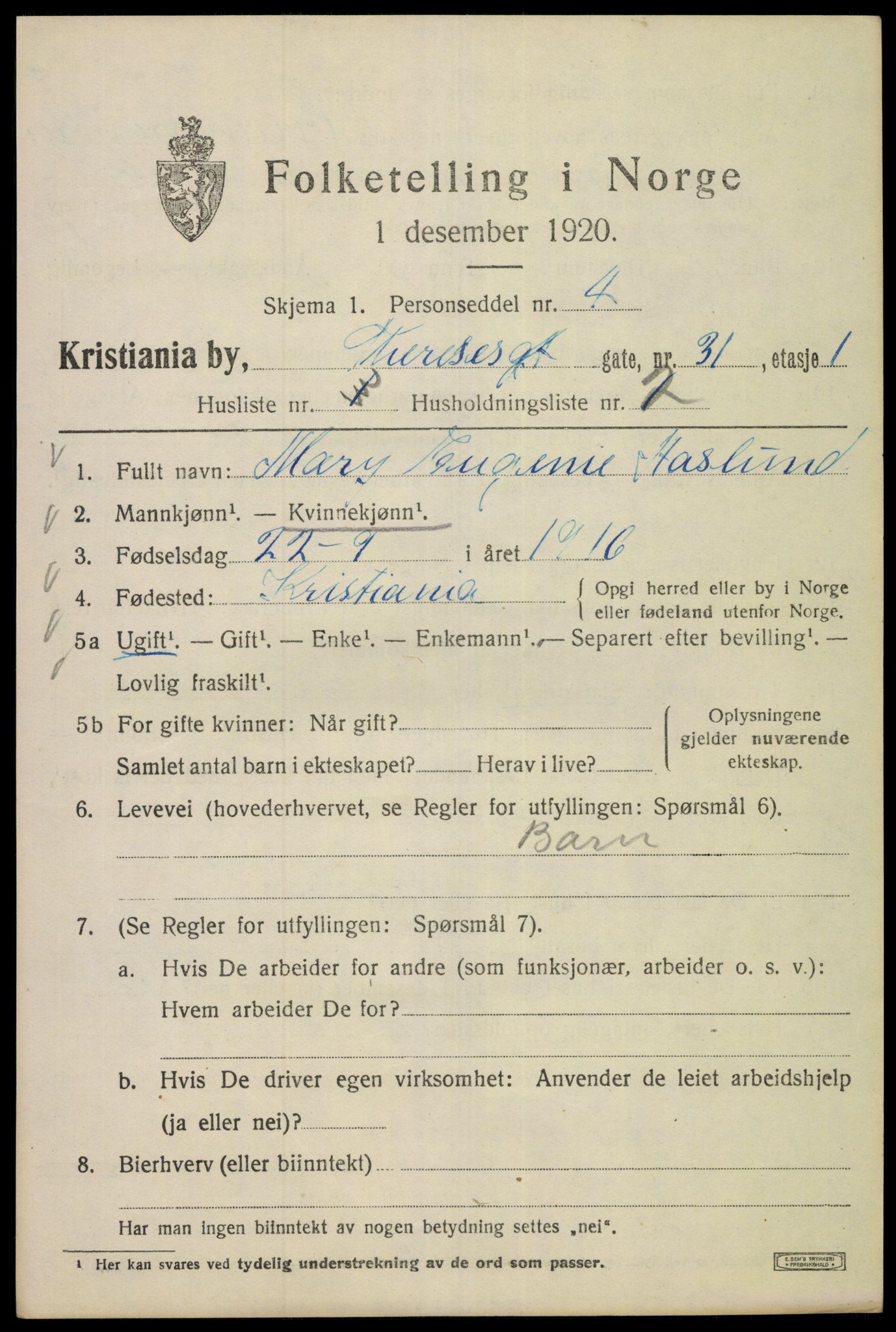 SAO, 1920 census for Kristiania, 1920, p. 569167