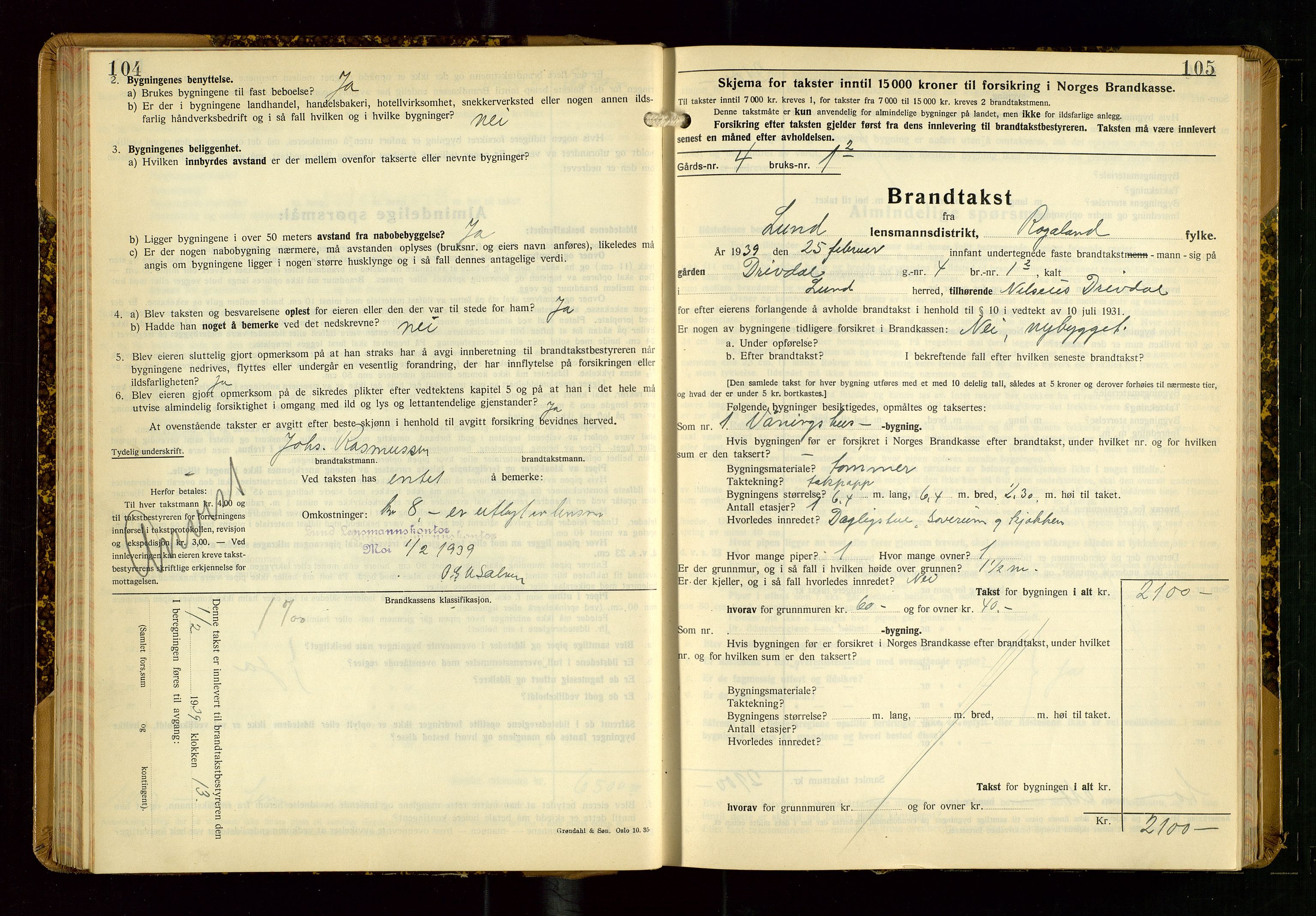 Lund lensmannskontor, AV/SAST-A-100303/Gob/L0006: "Brandtakstprotokoll", 1938-1951, p. 104-105