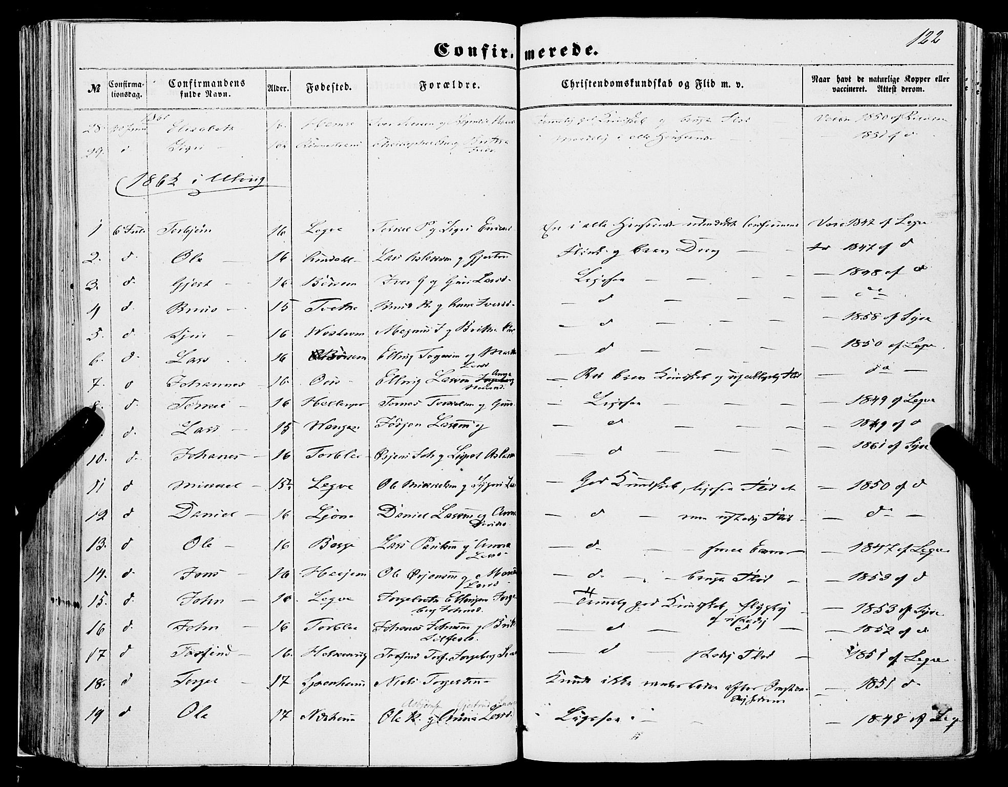 Ulvik sokneprestembete, SAB/A-78801/H/Haa: Parish register (official) no. A 13, 1853-1863, p. 122