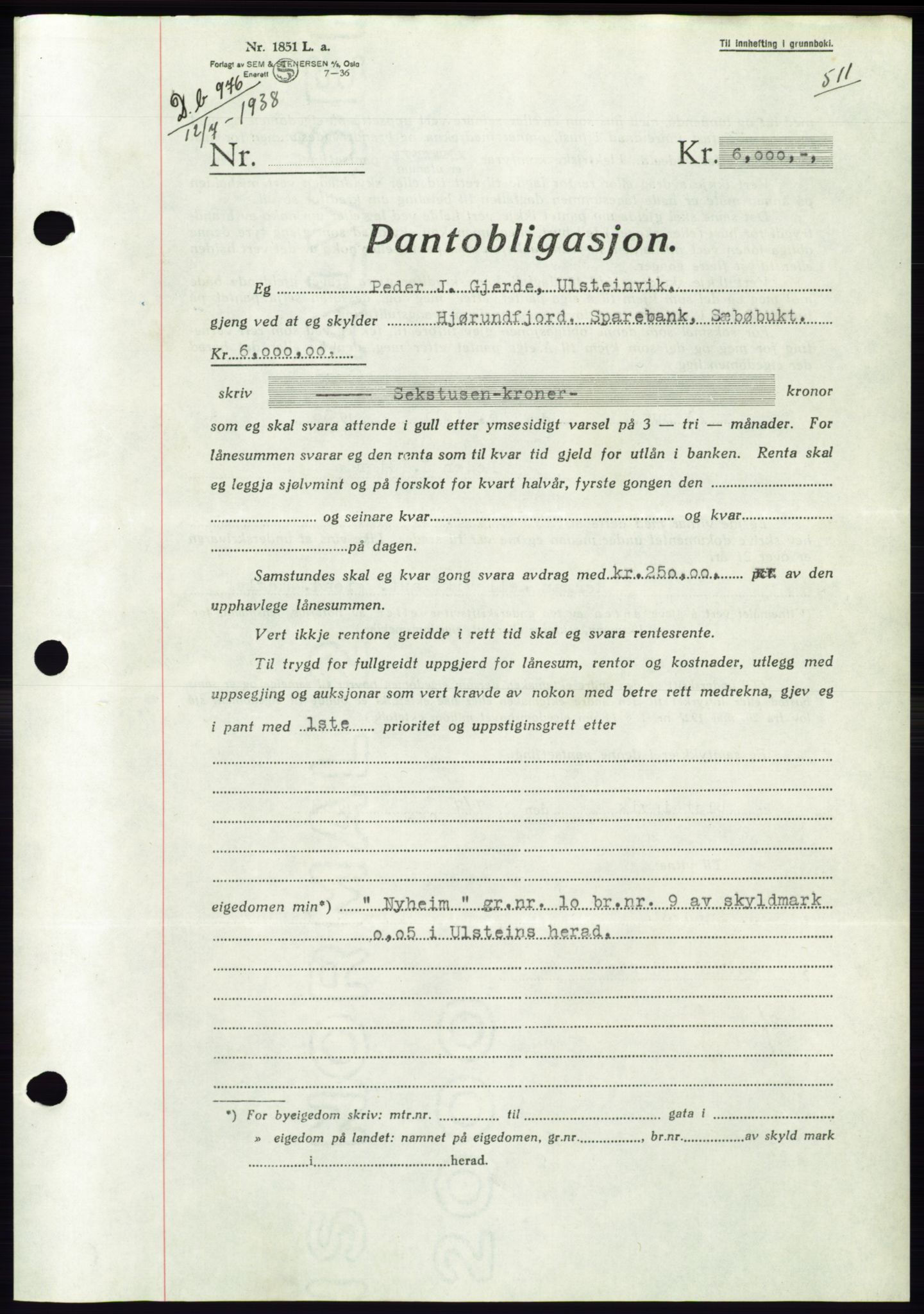 Søre Sunnmøre sorenskriveri, AV/SAT-A-4122/1/2/2C/L0065: Mortgage book no. 59, 1938-1938, Diary no: : 976/1938