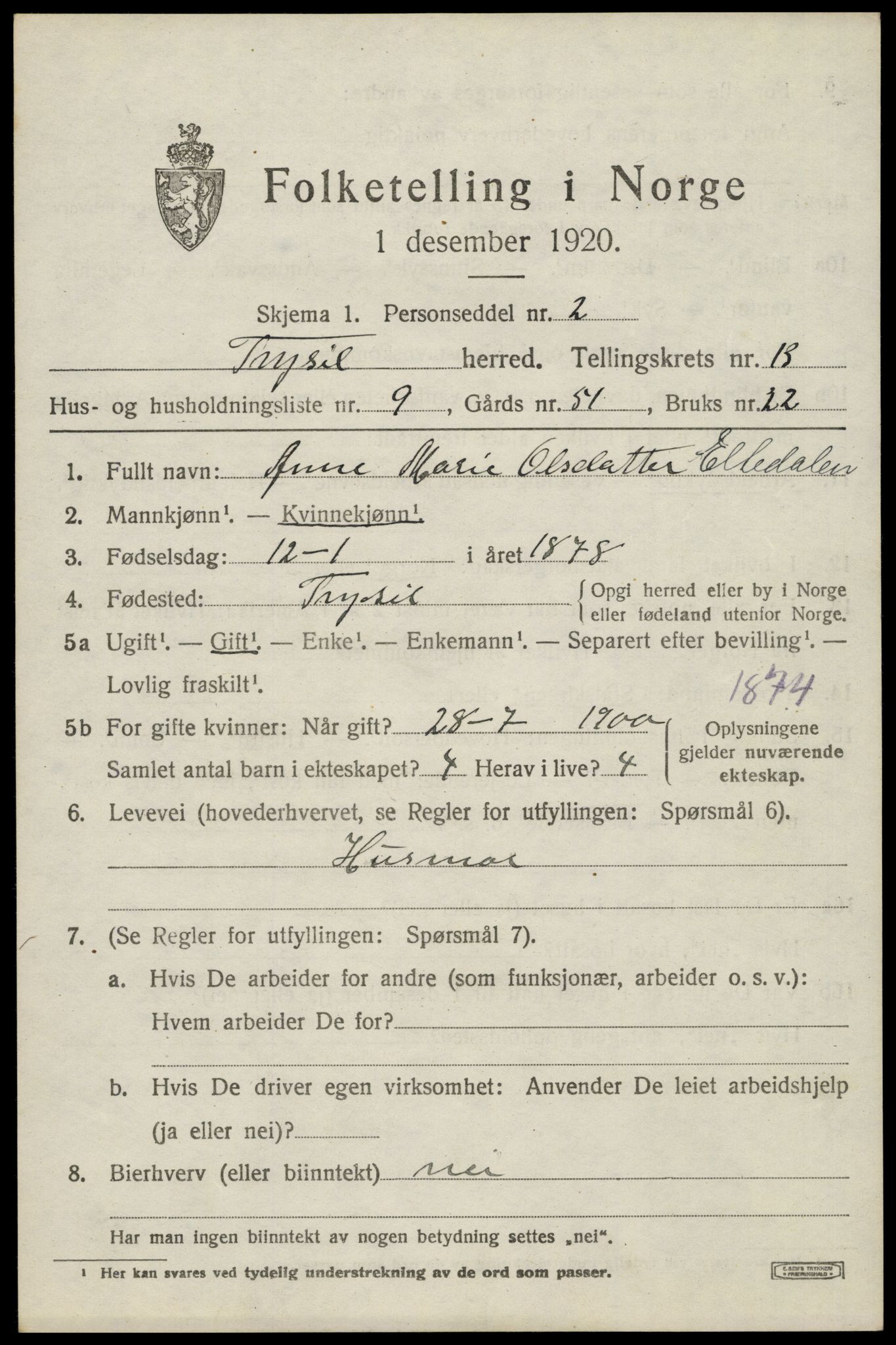 SAH, 1920 census for Trysil, 1920, p. 7737