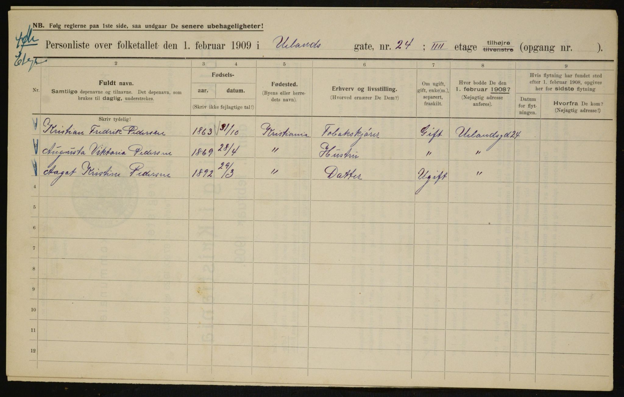 OBA, Municipal Census 1909 for Kristiania, 1909, p. 107604