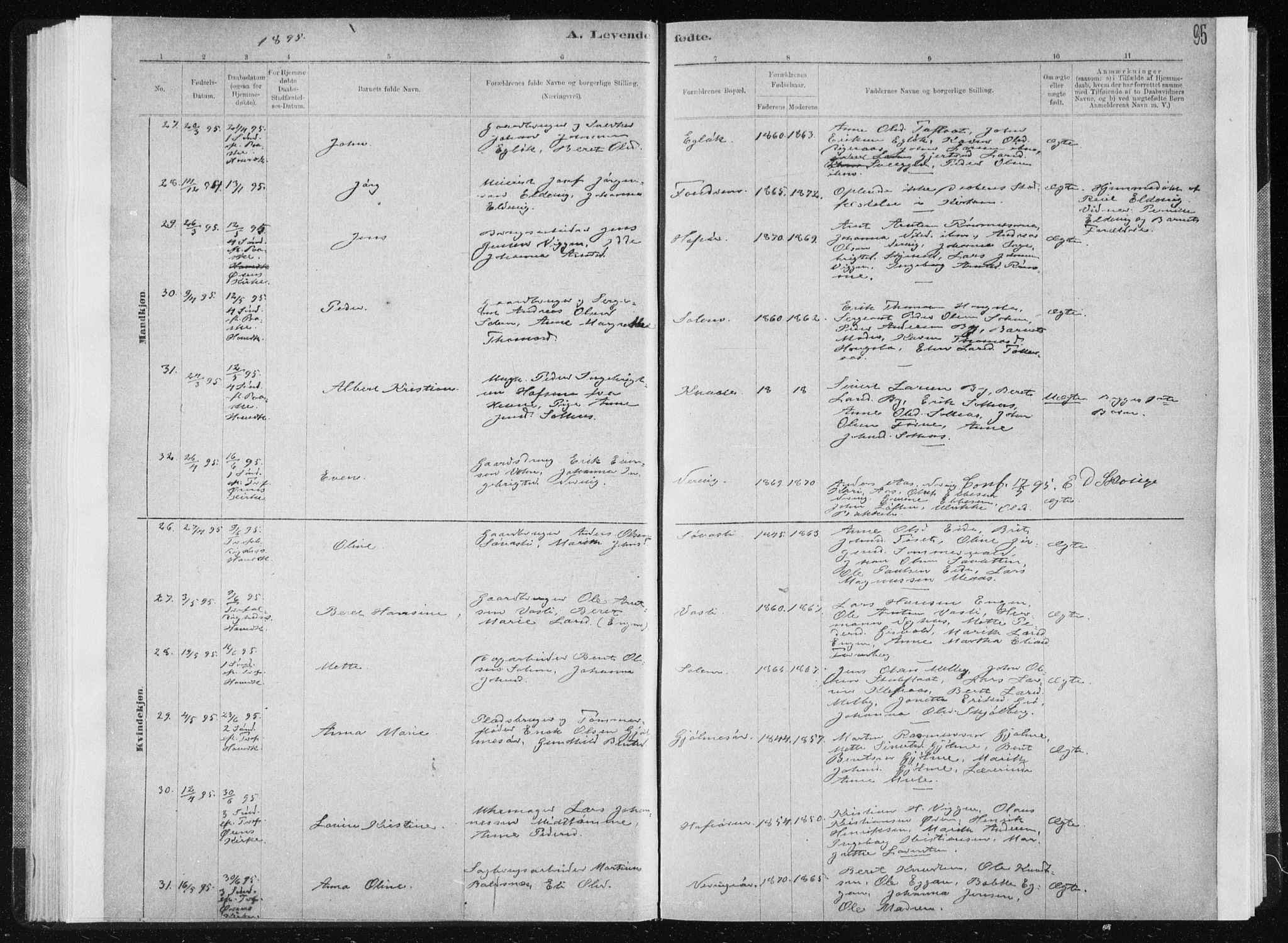 Ministerialprotokoller, klokkerbøker og fødselsregistre - Sør-Trøndelag, AV/SAT-A-1456/668/L0818: Parish register (copy) no. 668C07, 1885-1898, p. 95