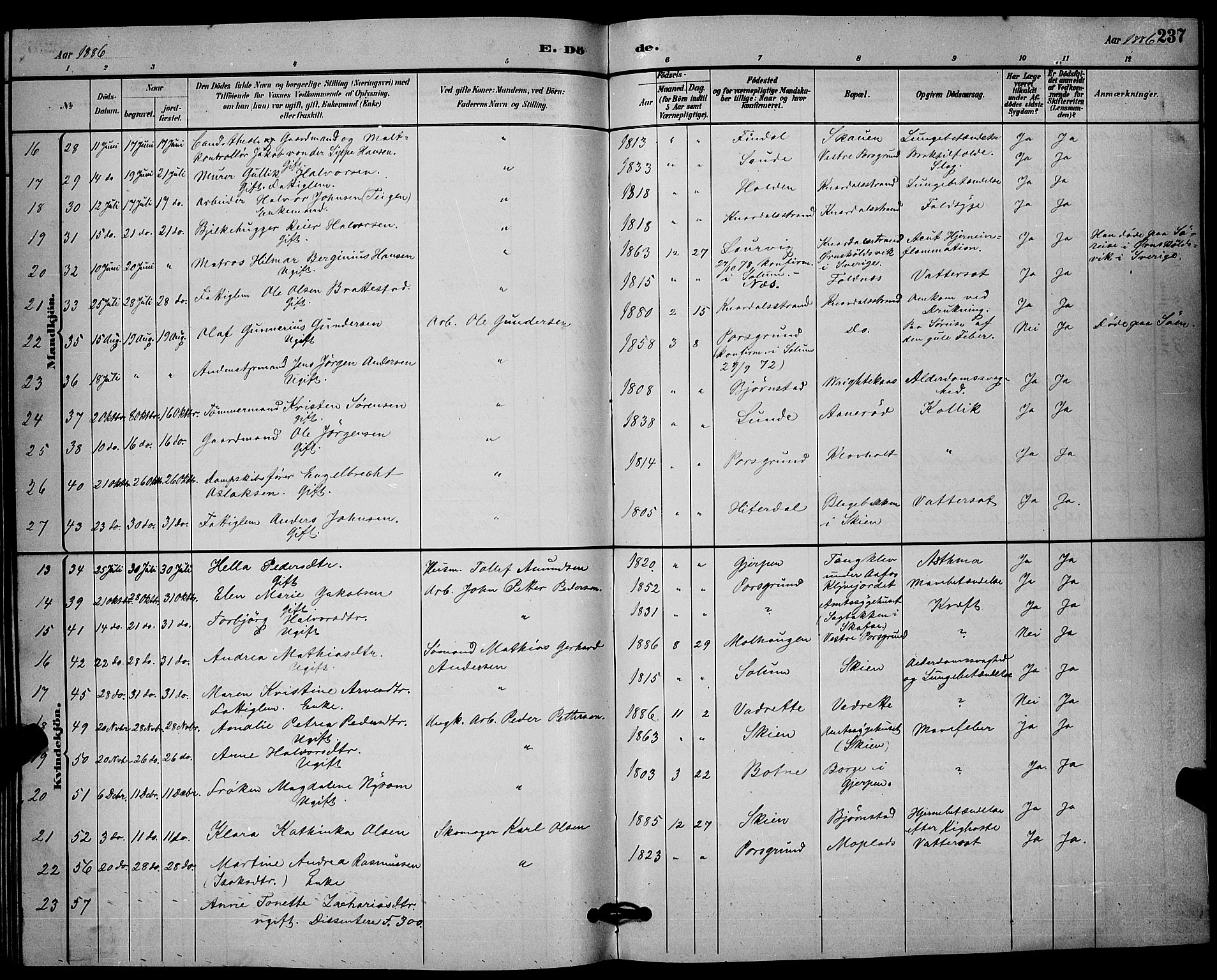 Solum kirkebøker, SAKO/A-306/G/Ga/L0007: Parish register (copy) no. I 7, 1884-1898, p. 237