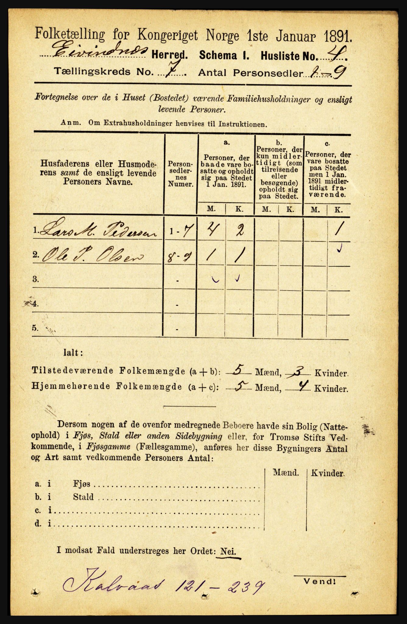 RA, 1891 census for 1853 Evenes, 1891, p. 2125