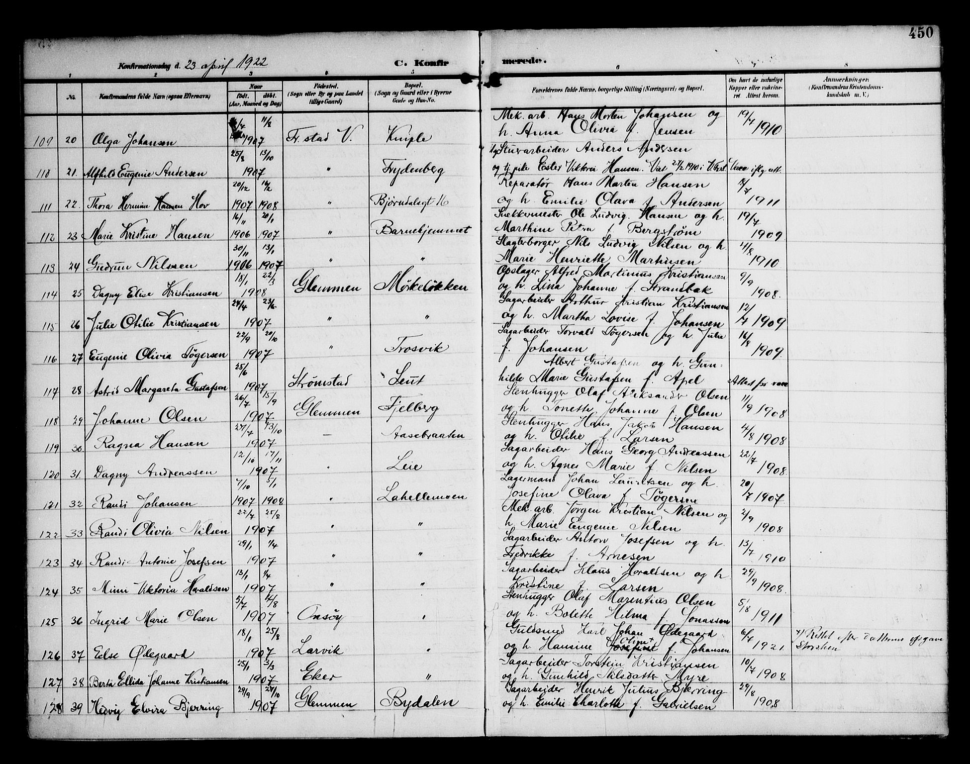 Glemmen prestekontor Kirkebøker, AV/SAO-A-10908/F/Fa/L0014: Parish register (official) no. 14, 1902-1922, p. 450