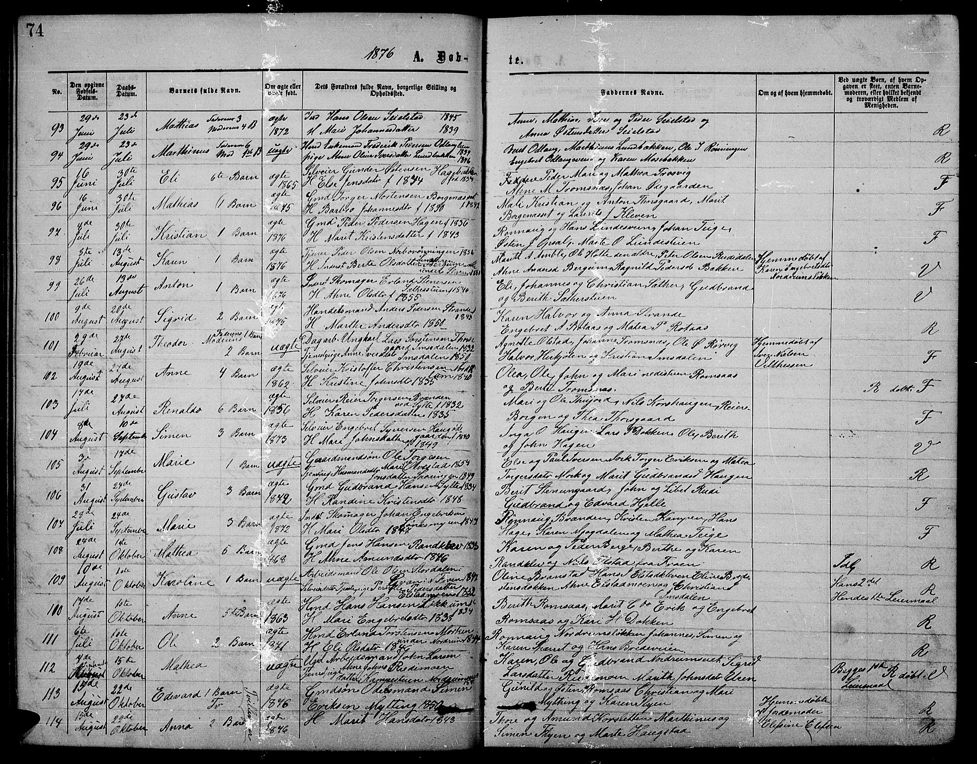 Ringebu prestekontor, AV/SAH-PREST-082/H/Ha/Hab/L0004: Parish register (copy) no. 4, 1867-1879, p. 74