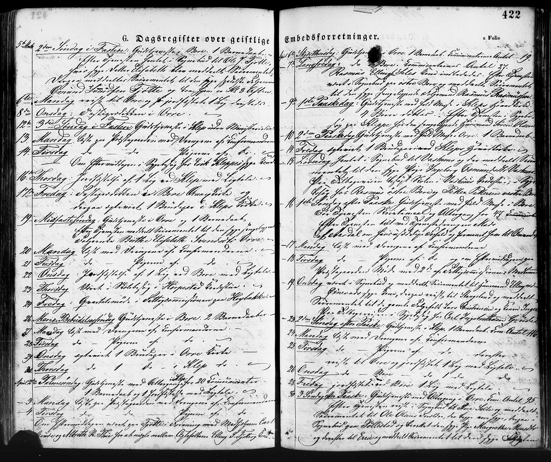 Klepp sokneprestkontor, AV/SAST-A-101803/001/3/30BA/L0006: Parish register (official) no. A 6, 1871-1885, p. 422