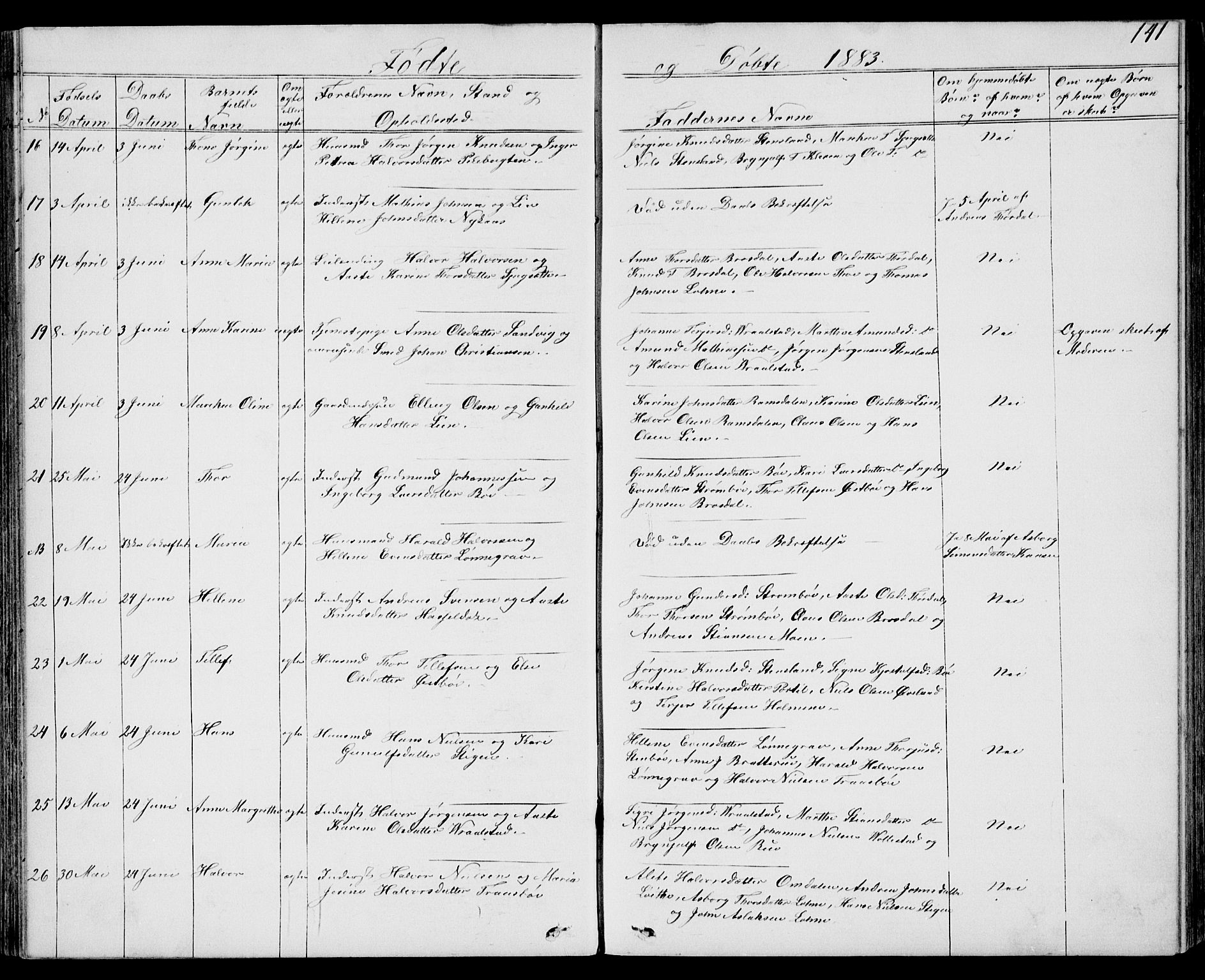 Drangedal kirkebøker, AV/SAKO-A-258/G/Gb/L0001: Parish register (copy) no. II 1, 1856-1894, p. 141