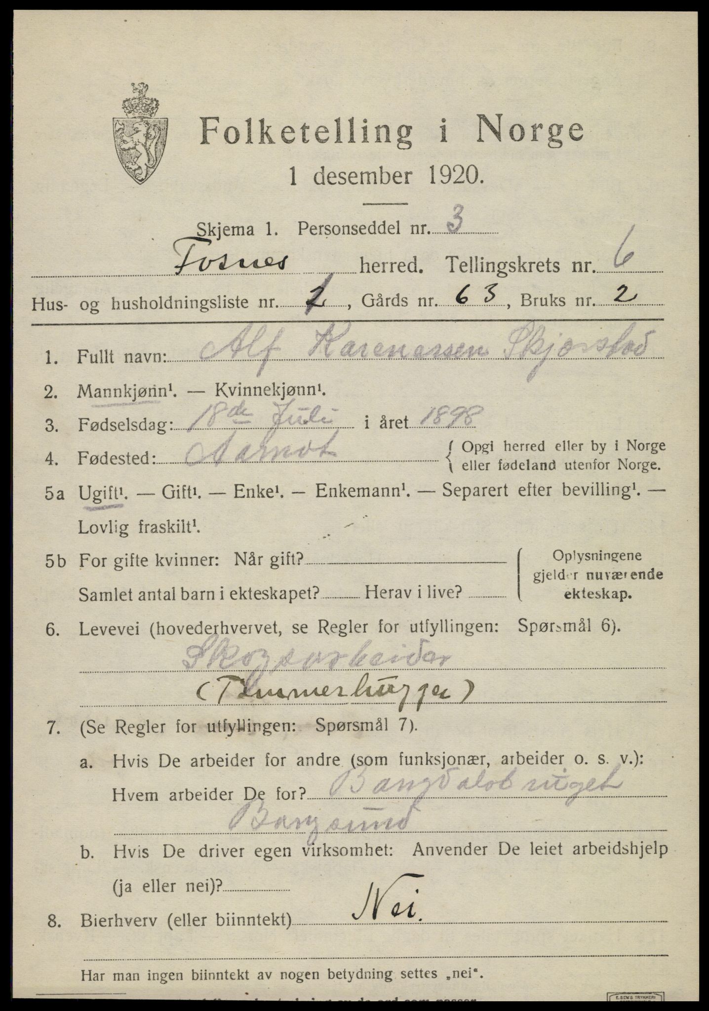 SAT, 1920 census for Fosnes, 1920, p. 2575