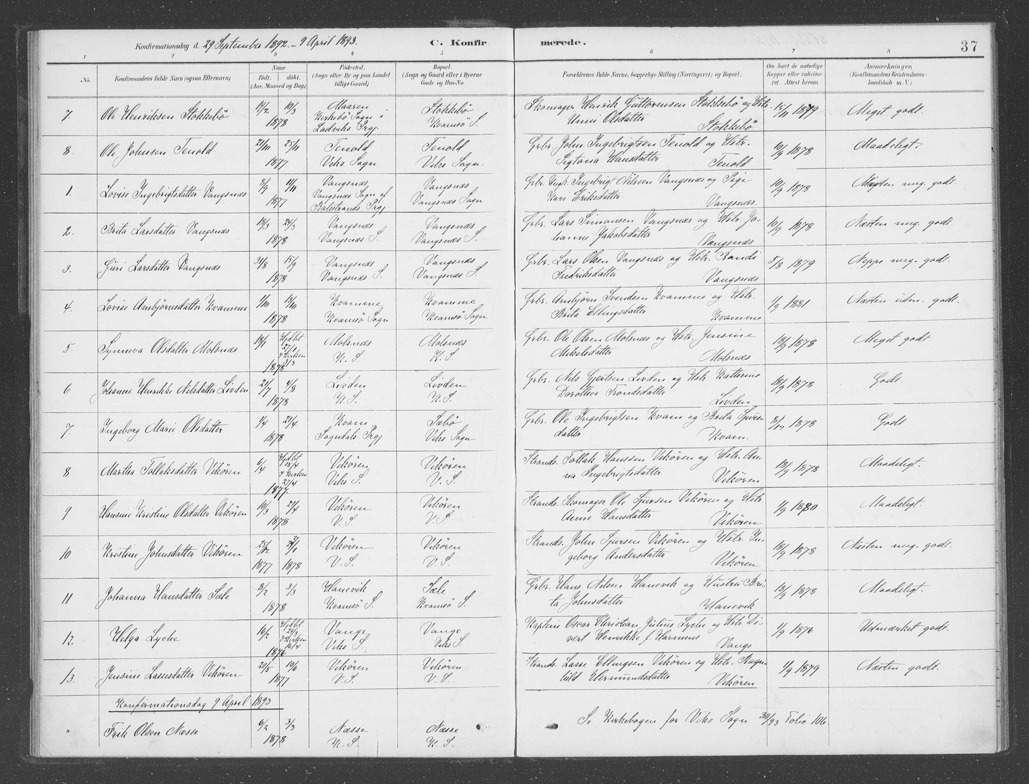 Vik sokneprestembete, AV/SAB-A-81501/H/Haa/Haad/L0002: Parish register (official) no. D  2, 1891-1907, p. 37