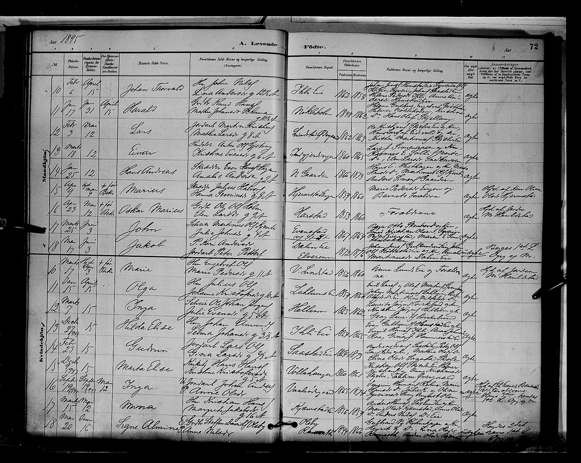 Stange prestekontor, AV/SAH-PREST-002/L/L0009: Parish register (copy) no. 9, 1883-1899, p. 72