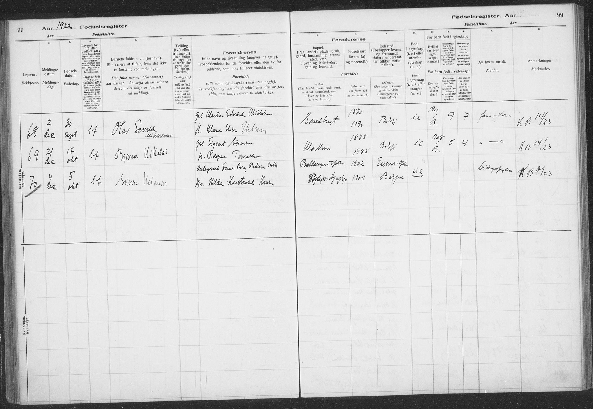 Balsfjord sokneprestembete, AV/SATØ-S-1303/H/Hb/L0059: Birth register no. 59, 1916-1930, p. 99