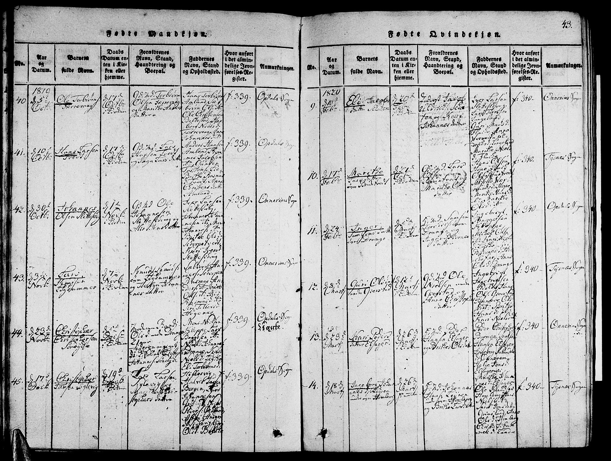 Tysnes sokneprestembete, AV/SAB-A-78601/H/Hab: Parish register (copy) no. A 1, 1816-1828, p. 43