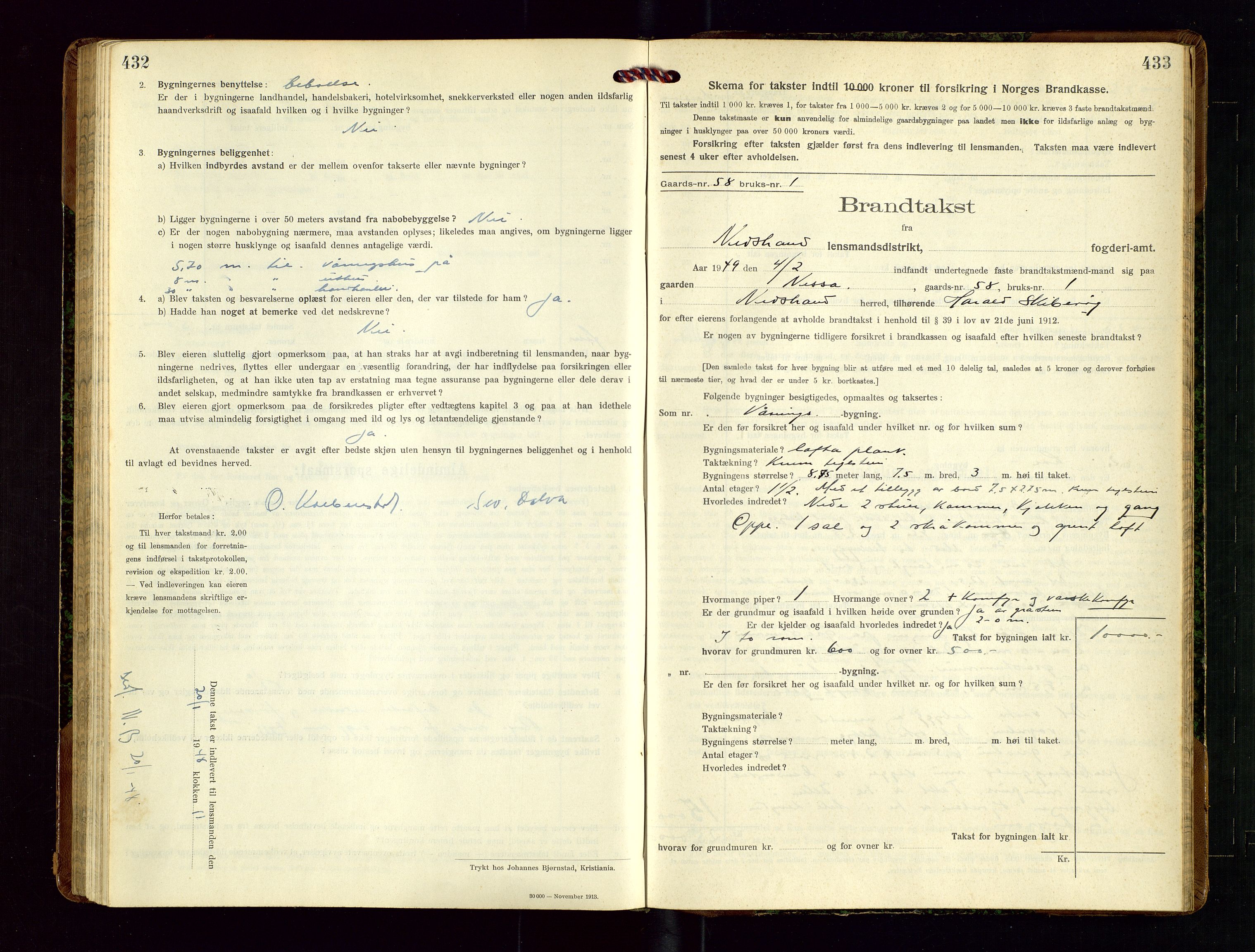 Nedstrand lensmannskontor, SAST/A-100236/Gob/L0002: "Brandtakstprotokol for Nerstrand lensmandsdistrikt Rogaland Fylke", 1916-1949, p. 432-433