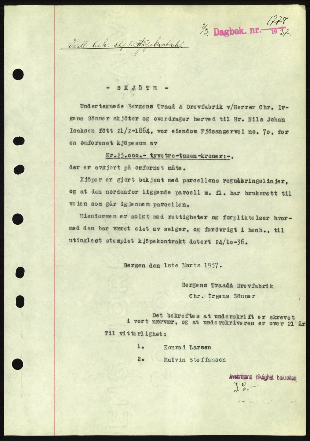 Byfogd og Byskriver i Bergen, SAB/A-3401/03/03Bc/L0004: Mortgage book no. A3-4, 1936-1937, Diary no: : 1778/1937