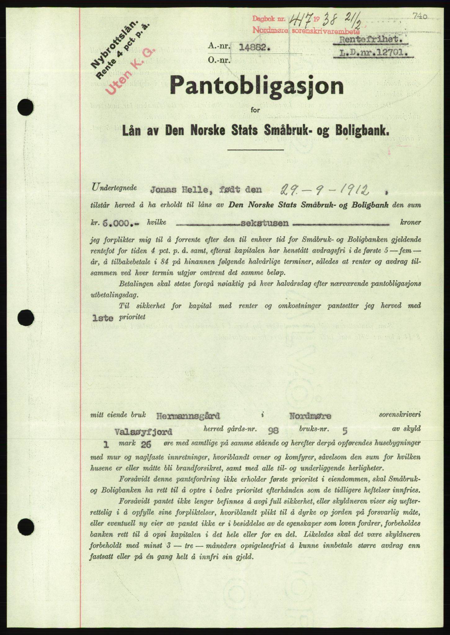 Nordmøre sorenskriveri, AV/SAT-A-4132/1/2/2Ca/L0092: Mortgage book no. B82, 1937-1938, Diary no: : 417/1938